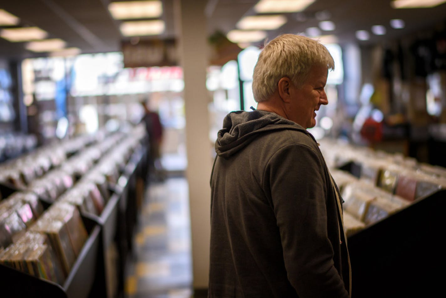 Rob Sheeley roamed his Hopkins record store Mill City Sound in 2017.