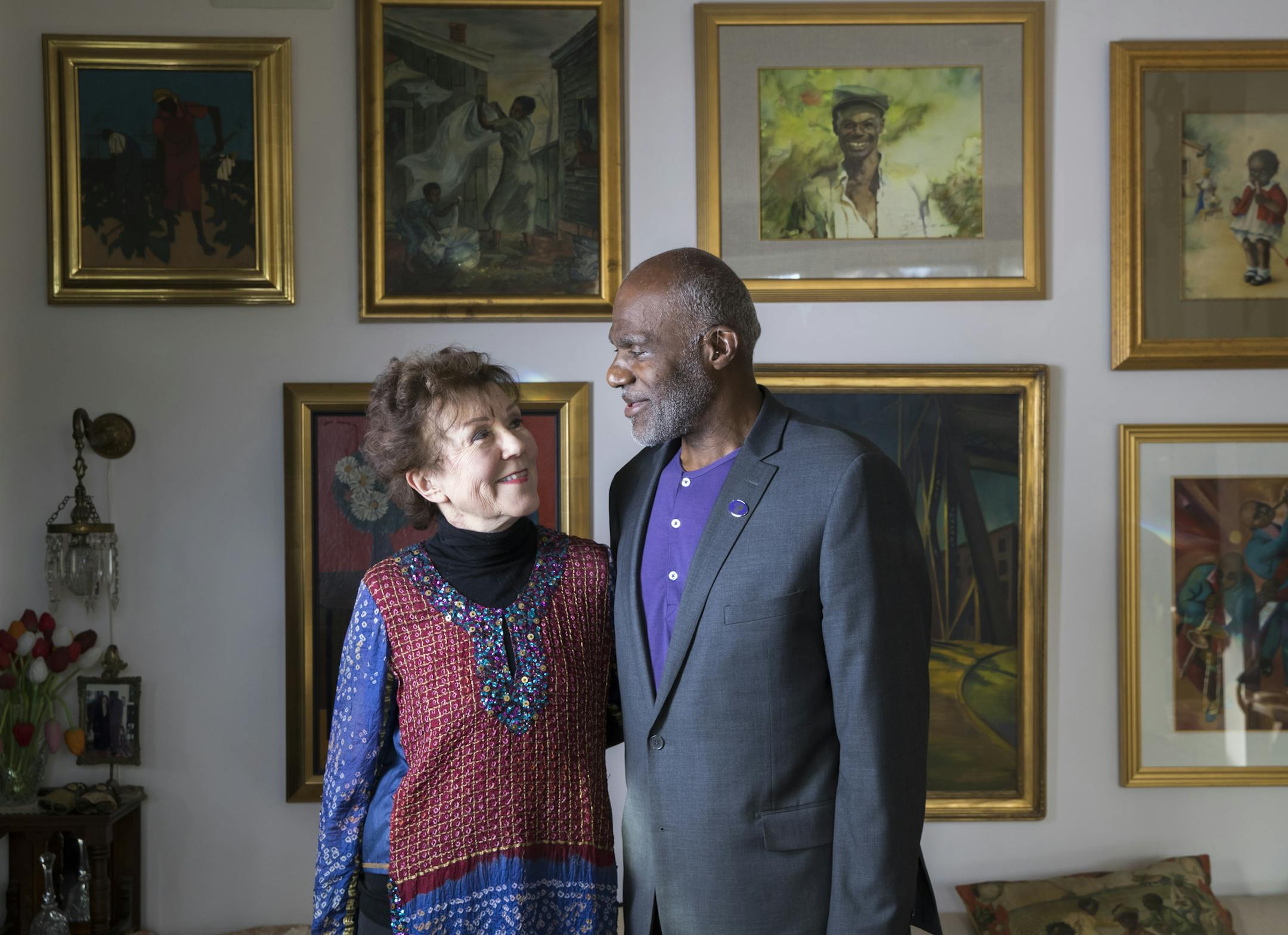 Diane and Alan Page stood in their home that is full of African American art, antiques and artifacts on Tuesday, December 19, 2017, in Minneapolis, Minn. Many of these items will be included in a exhibit called “Testify: Americana from Slavery to Today" that opens January 8 for a month at The Hennepin County Library. ] RENEE JONES SCHNEIDER • renee.jones@startribune.com