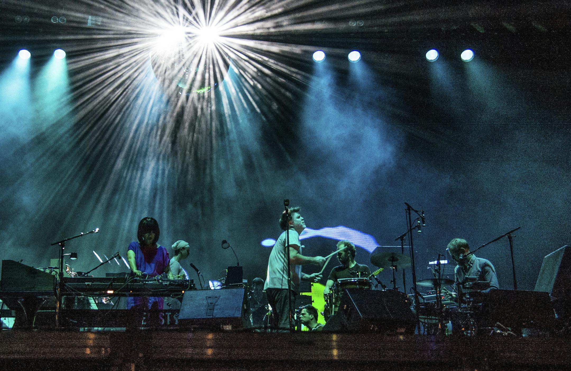 Nancy Whang, from left, James Murphy and Pat Mahoney of LCD Soundsystem perform at the Voodoo Music Experience in City Park on Friday, Oct. 27, 2017, in New Orleans. (Photo by Amy Harris/Invision/AP)