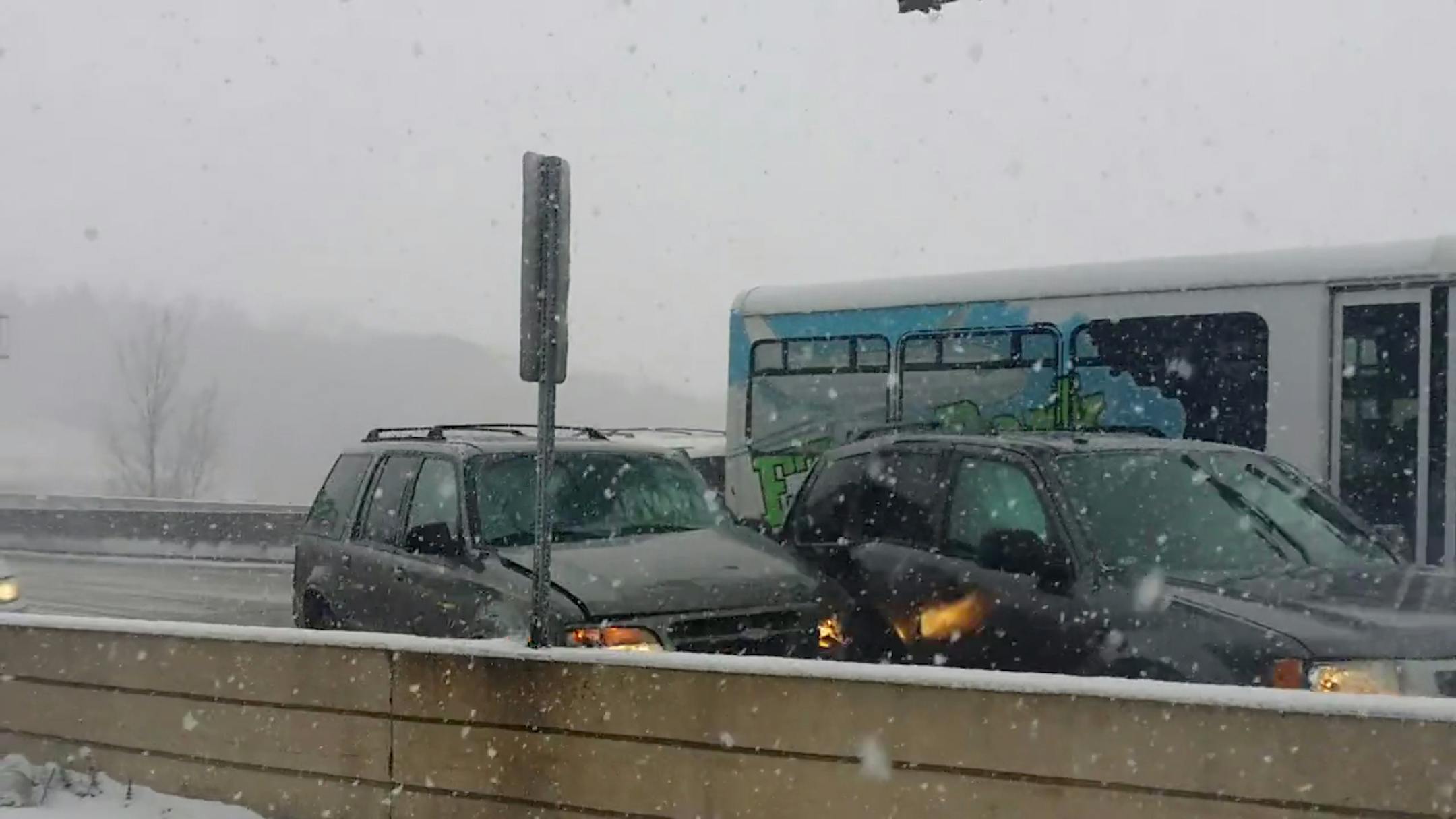 Many dozens of vehicles collided in a pileup that closed westbound Hwy. 55 over the Mendota Bridge for nearly two hours Monday afternoon amid snowy and icy conditions, authorities said.