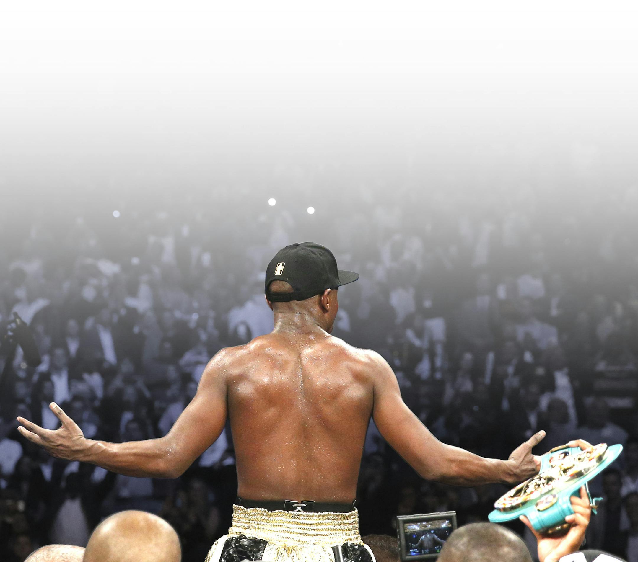 Floyd Mayweather Jr., celebrates his unanimous decision victory over Manny Pacquiao, from the Philippines, at the finish of their welterweight title fight on Saturday, May 2, 2015 in Las Vegas. (AP Photo/John Locher) ORG XMIT: NVDP549