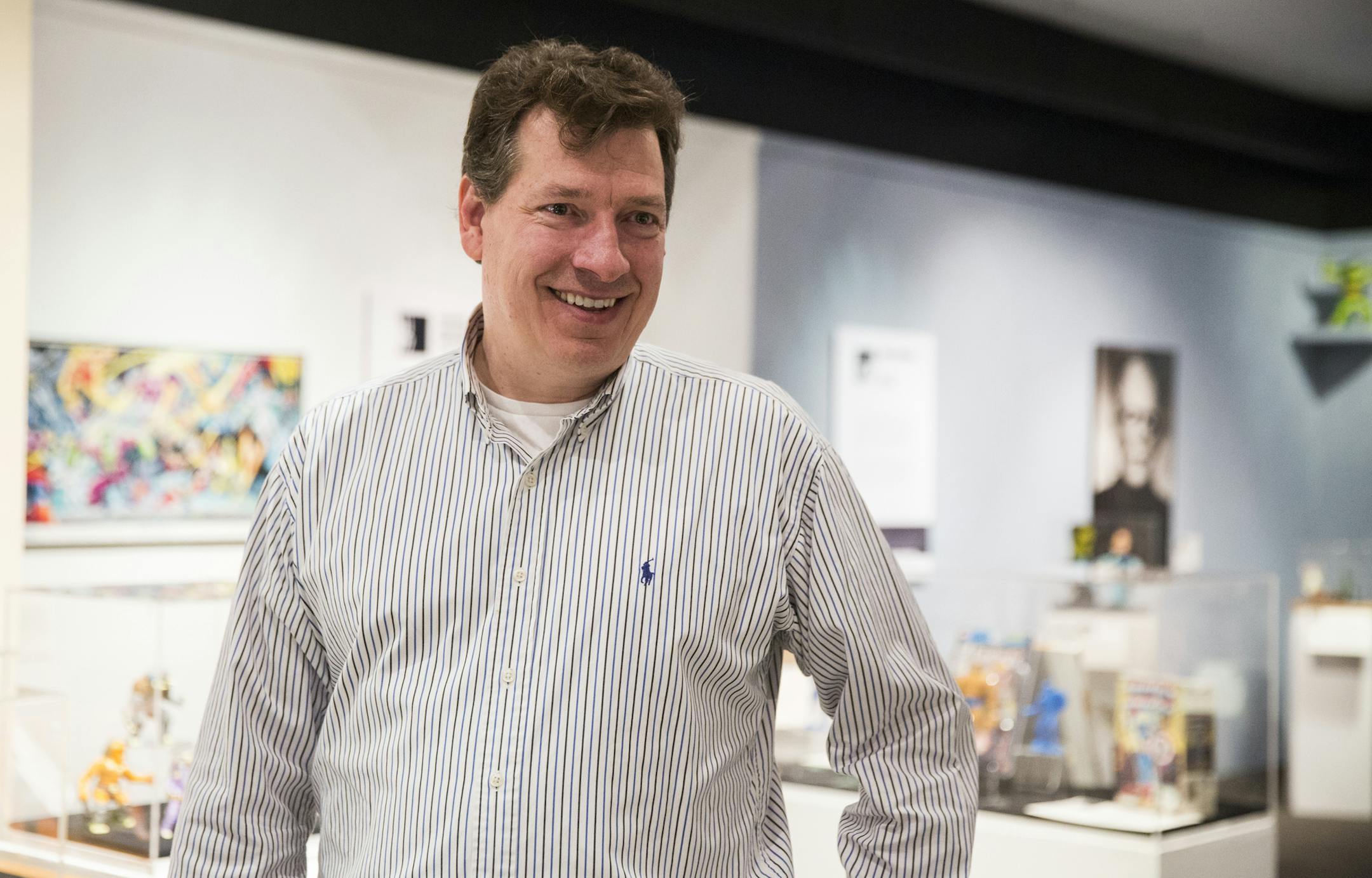 Curator Stephen Rueff speaks about the exhibit "America's Monsters, Superheroes, and Villains" at Goldstein Museum of Design at the University of Minnesota Twin Cities campus in St. Paul on Tuesday, October 20, 2015. ] (LEILA NAVIDI/STAR TRIBUNE) leila.navidi@startribune.com