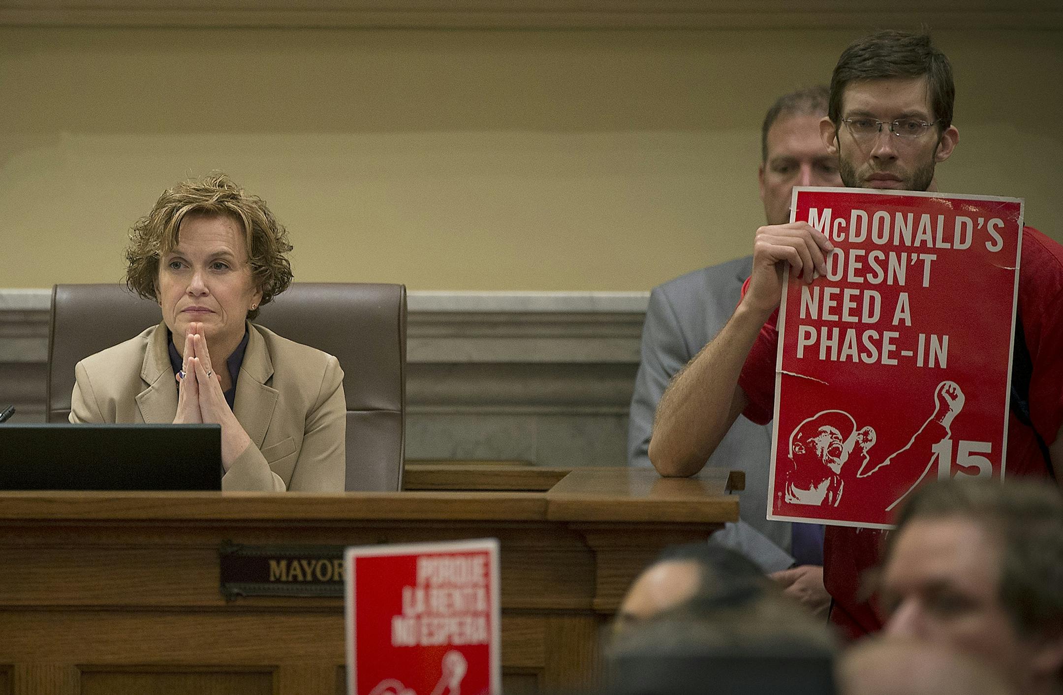 Minneapolis City Mayor Betsy Hodges listened as City County members voted for the $15 minimum wage increase at City Hall, Friday, June 30, 2017 in Minneapolis, MN.