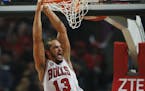 Chicago Bulls center Joakim Noah, reacts after scoring against the Orlando Magic, during the first half of an NBA basketball game, Sunday, Nov. 1, 201