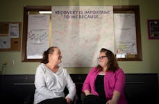Alicia Doty, right, has been a peer mentor to Kristin Nottingham in her recovery by helping her navigate some of the logistics in her sober life based