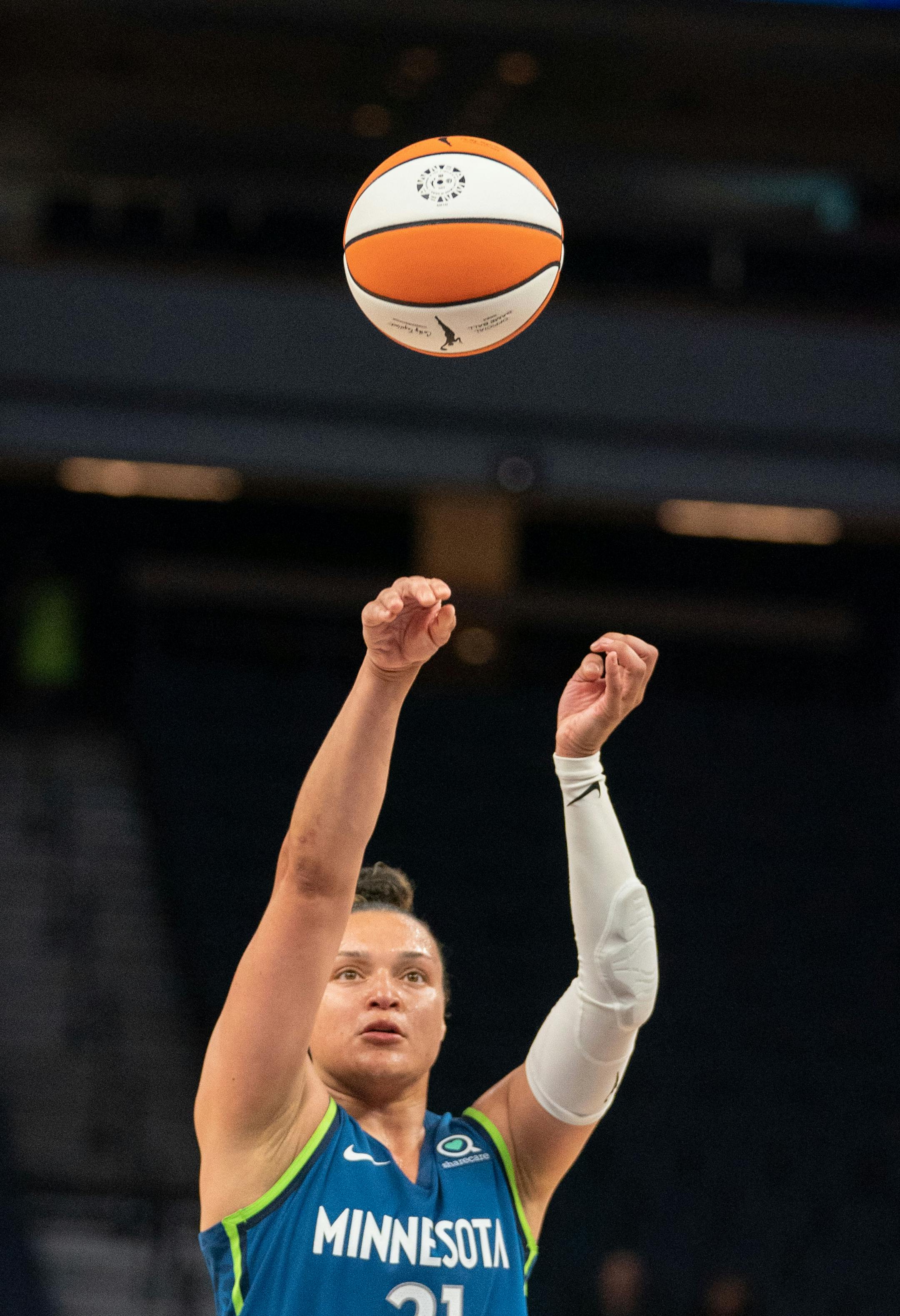 Minnesota Lynx guard Kayla McBride (21) shoots the ball during a game against the Las Vegas Aces.