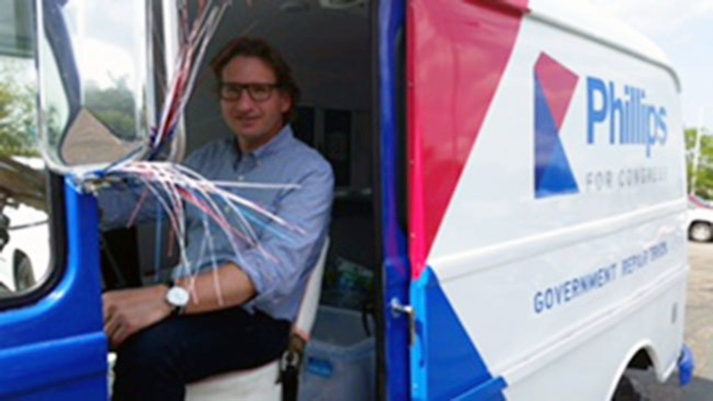 Dean Phillips, who is running for Congress against Republican incumbent Erik Paulsen, turned heads in Brooklyn Park by arriving in a 1960 International Harvester milk truck, emblazoned with his name and the tag line: "Government Repair Truck."