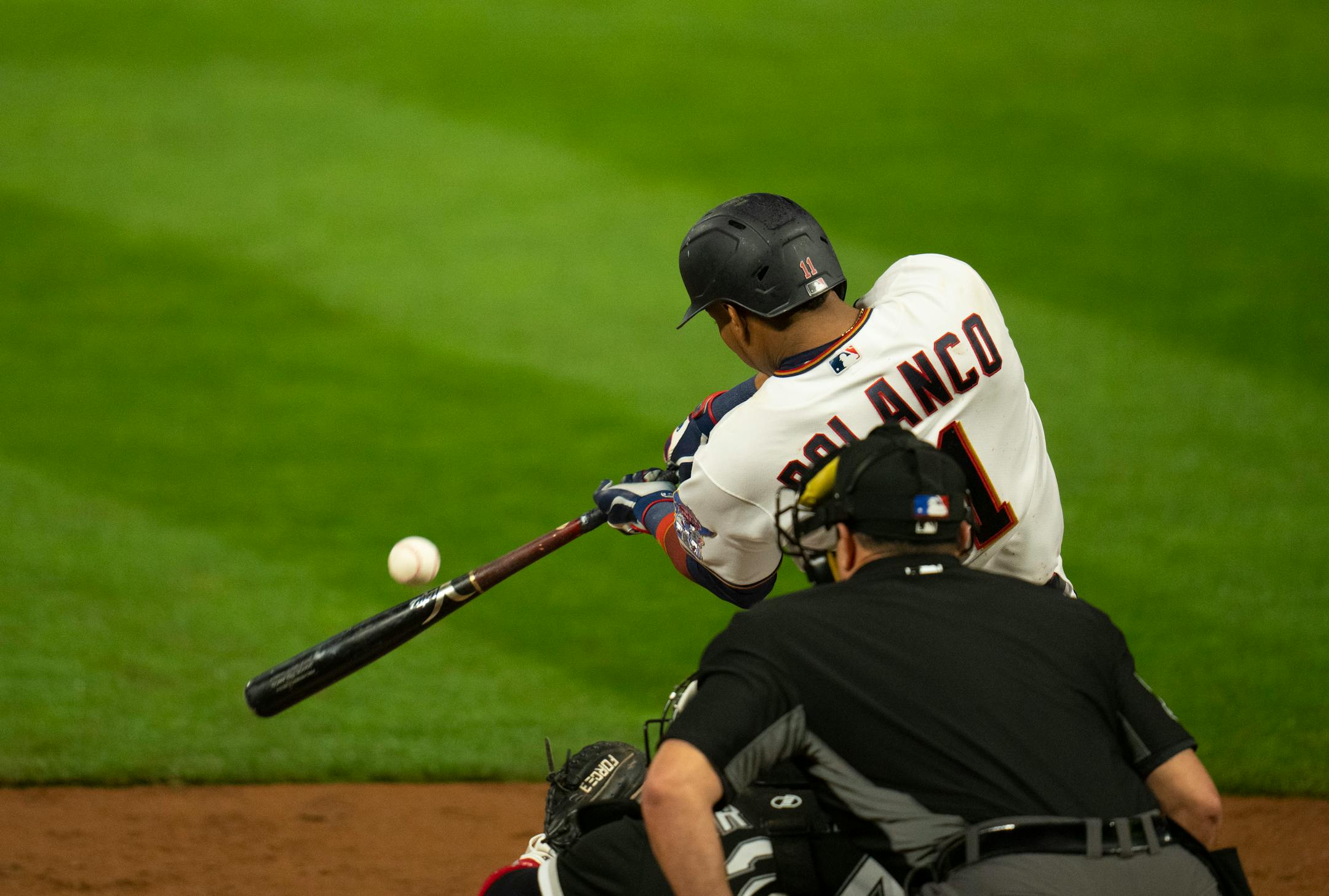 Minnesota Twins designated hitter Jorge Polanco (11) connected for a walk off single to deep right off Chicago White Sox relief pitcher Aaron Bummer in the ninth inning.