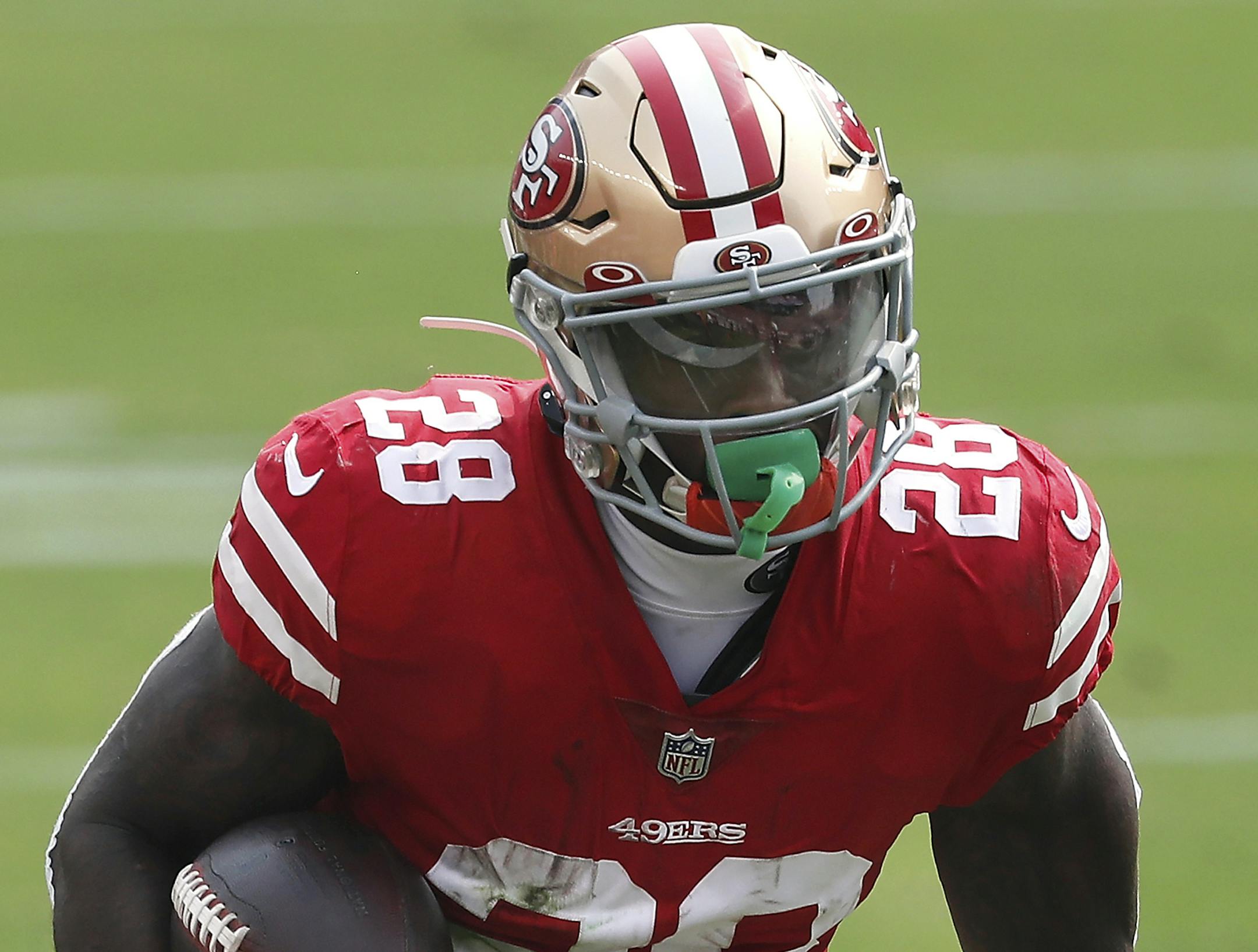 San Francisco 49ers running back Jerick McKinnon (28) against the Arizona Cardinals during an NFL football game in Santa Clara, Calif., Sunday, Sept. 13, 2020. (AP Photo/Josie Lepe) ORG XMIT: NYOTK
