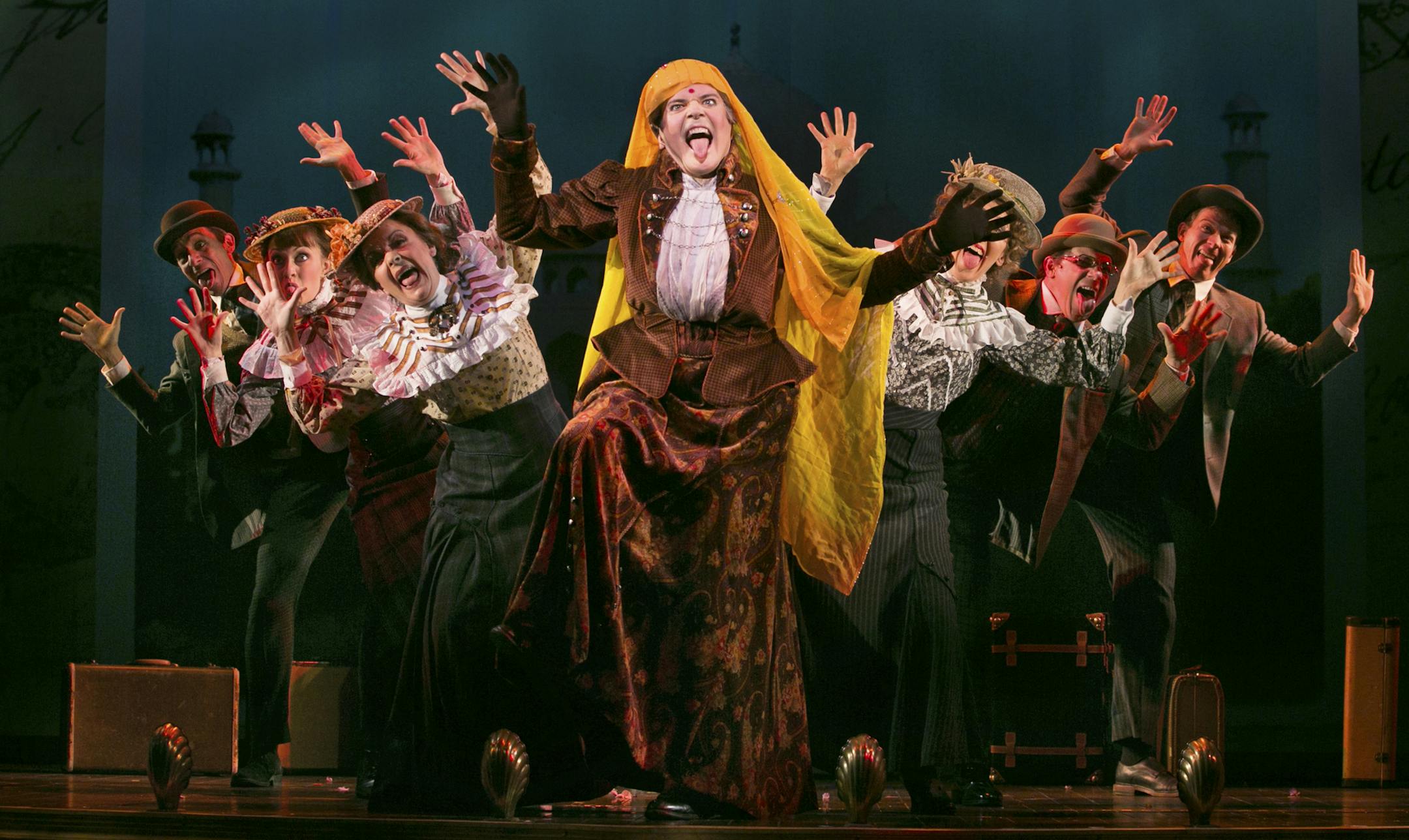 FILE -- Jefferson Mays, center, in "A Gentleman's Guide to Love and Murder" at the Walter Kerr Theater in New York, Oct. 21, 2013. The musical comedy received 10 Tony nominations, the most of any show, for the 68th annual awards. (Sara Krulwich/The New York Times)
