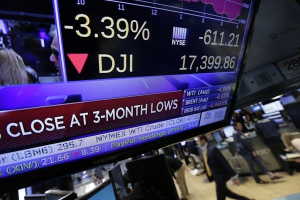 A television screen on the floor of the New York Stock Exchange shows the closing number for the Dow Jones industrial average Friday. The Dow dropped 