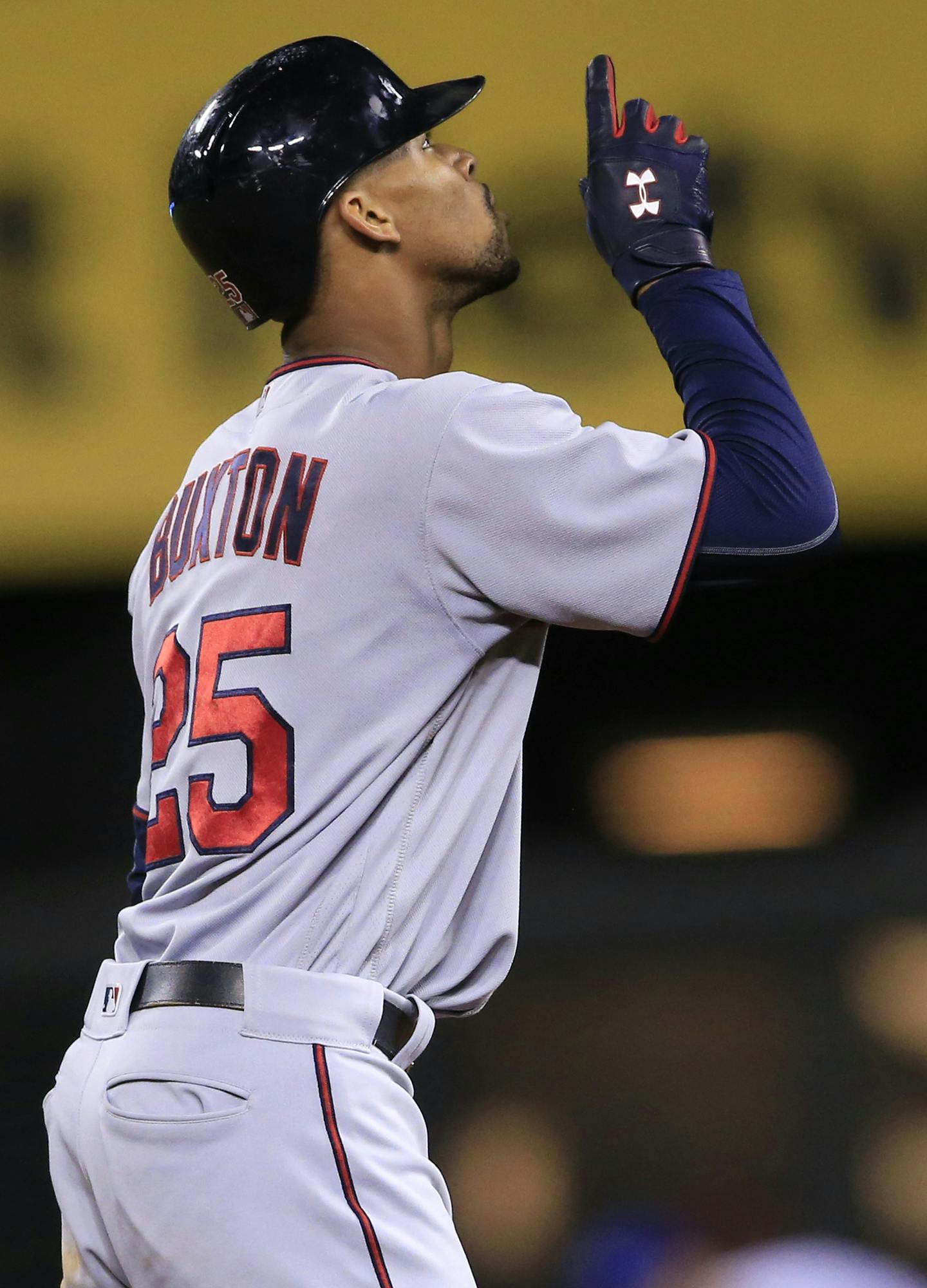 Minnesota Twins' Byron Buxton celebrates his double during the ninth inning of a baseball game against the Kansas City Royals at Kauffman Stadium in Kansas City, Mo., Thursday, Sept. 29, 2016. The Twins defeated the Royals 7-6. (AP Photo/Orlin Wagner)