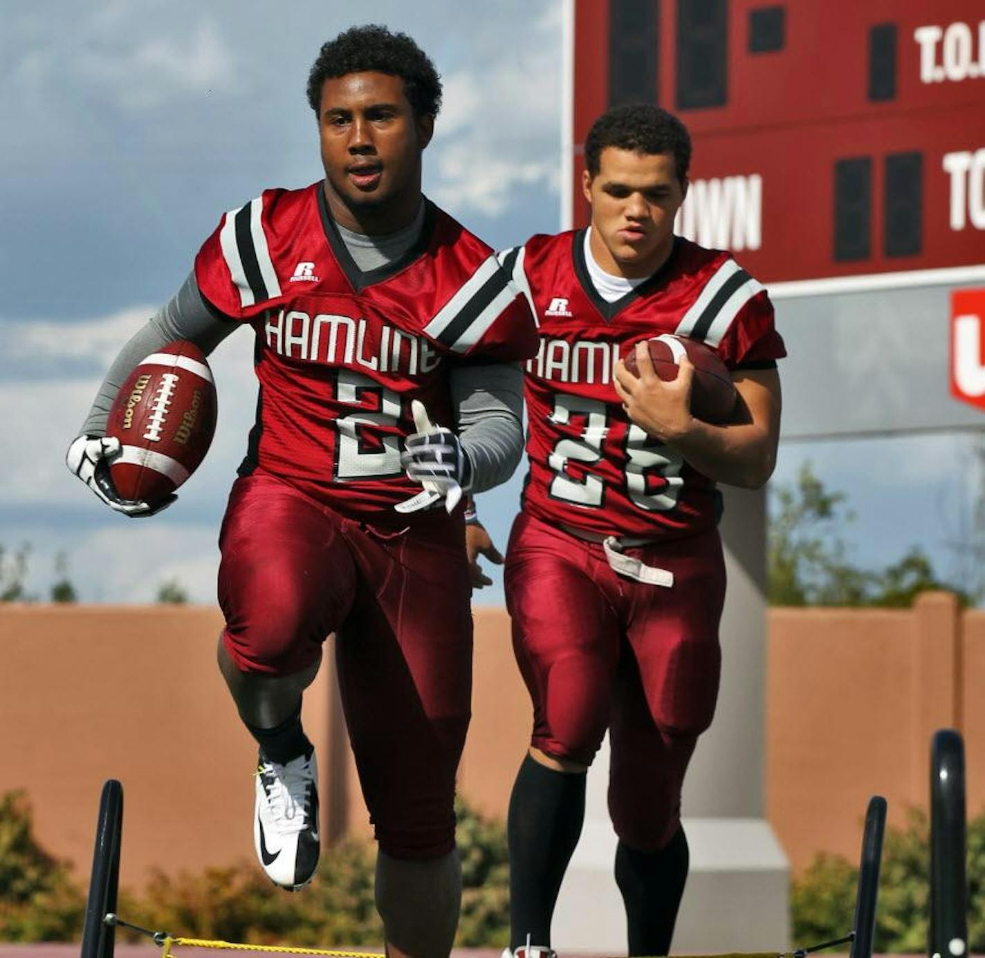 Hamline University football team running backs Hakim Mathieu and Austin Duncan.