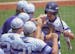 Teammates celebrate with Dan Marod (19) of Little Falls after driving in an RBI against the Rocori Spartans at the 2016 MSHSL Class AAA baseball state