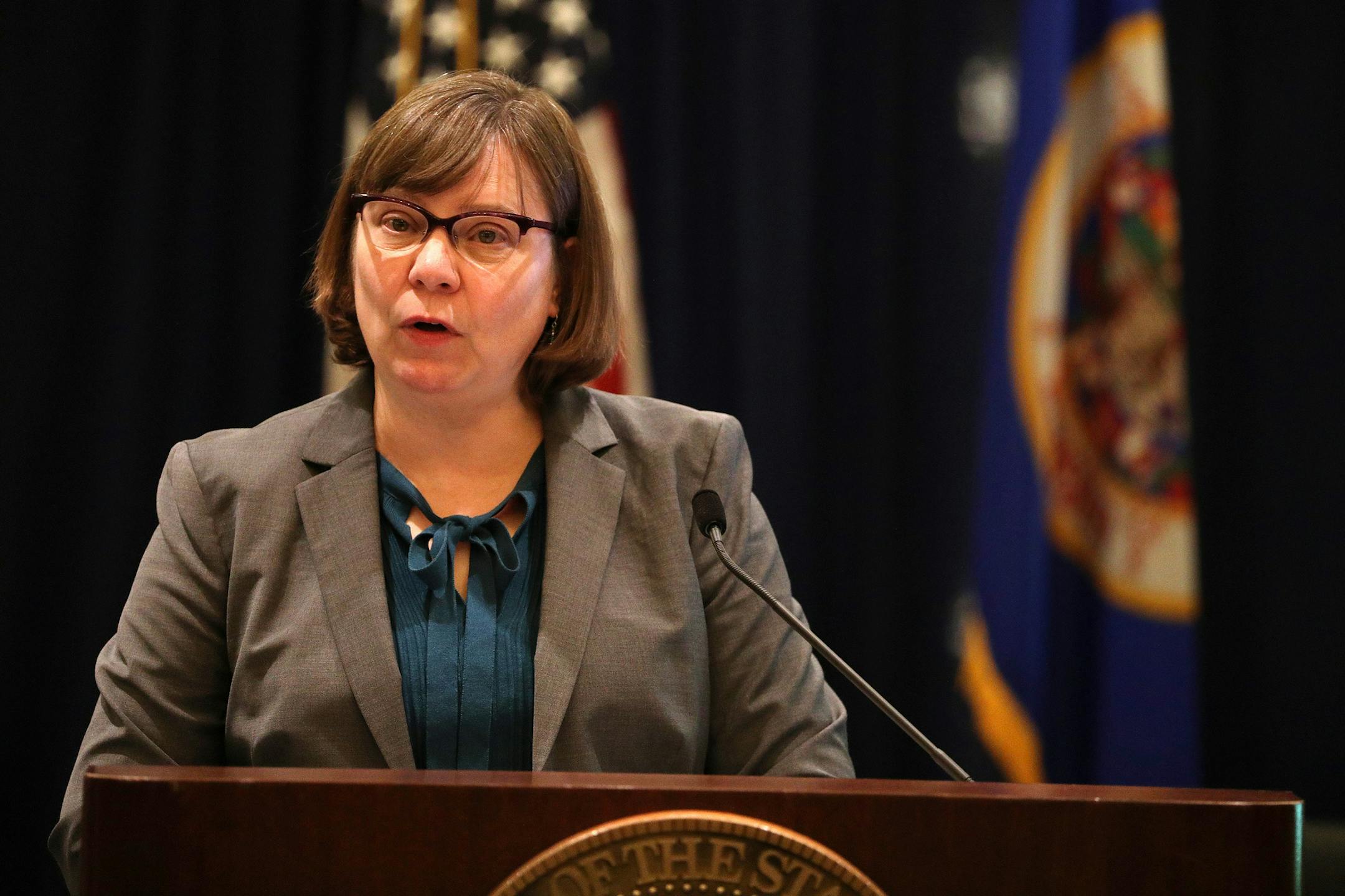 State economist Laura Kalambokidis spoke during the end-of-year budget forecast Tuesday. ] ANTHONY SOUFFLE ï anthony.souffle@startribune.com State financial officials discussed the annual end-of-year budget forecast Tuesday, Dec. 5, 2017 at the State Capitol building in St. Paul, Minn.