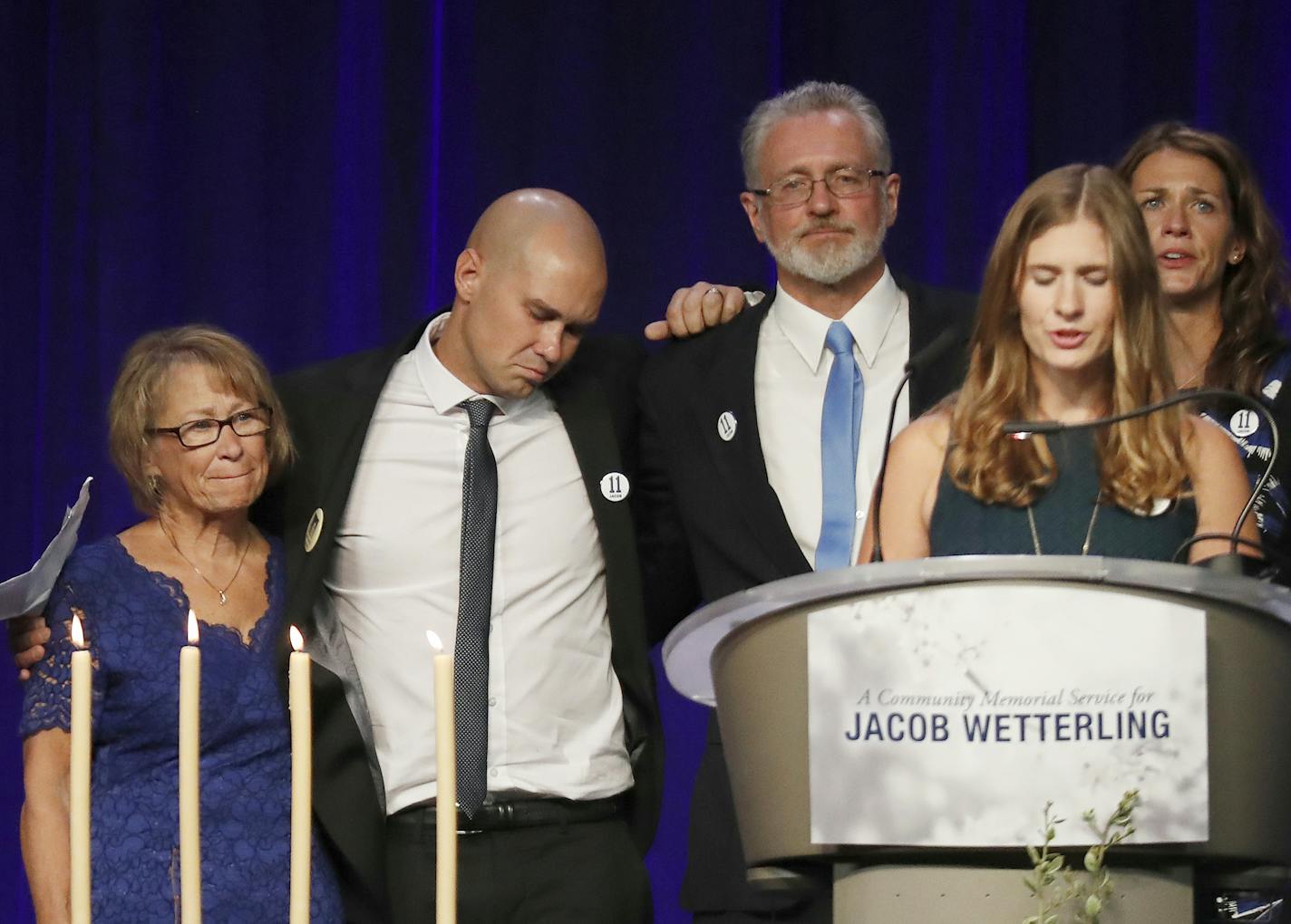 Jacob Wetterling's family left to right Patty Wetterling (mother), Trevor (brother) Jerry Wetterling (father), and his sisters Carmen and Amy spoke during a memorial service at College of Saint Benedict Sunday September 25, 2016 in St. Joseph, MN. ] College of Saint Benedict in St. Joseph will host a community memorial service for Jacob Wetterling. Jerry Holt / jerry. Holt@Startribune.com ORG XMIT: MIN1609251232470011