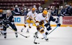 The Gophers Bryce Brodzinski tried to control the puck on a first period breakaway as he was pursued by Penn State� Chase McLane.