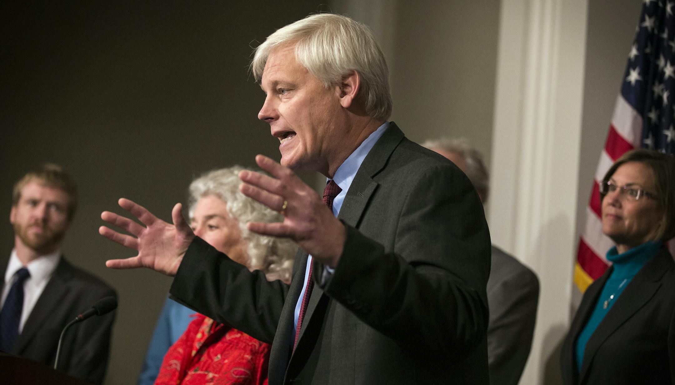 House Minority Leader Paul Thissen, center, joined by outstate DFL leaders, outlines their "Greater Minnesota for All" agenda during a press conference at the State Office building in St. Paul on Tuesday, January 19, 2016. ] (Leila Navidi/Star Tribune) leila.navidi@startribune.com