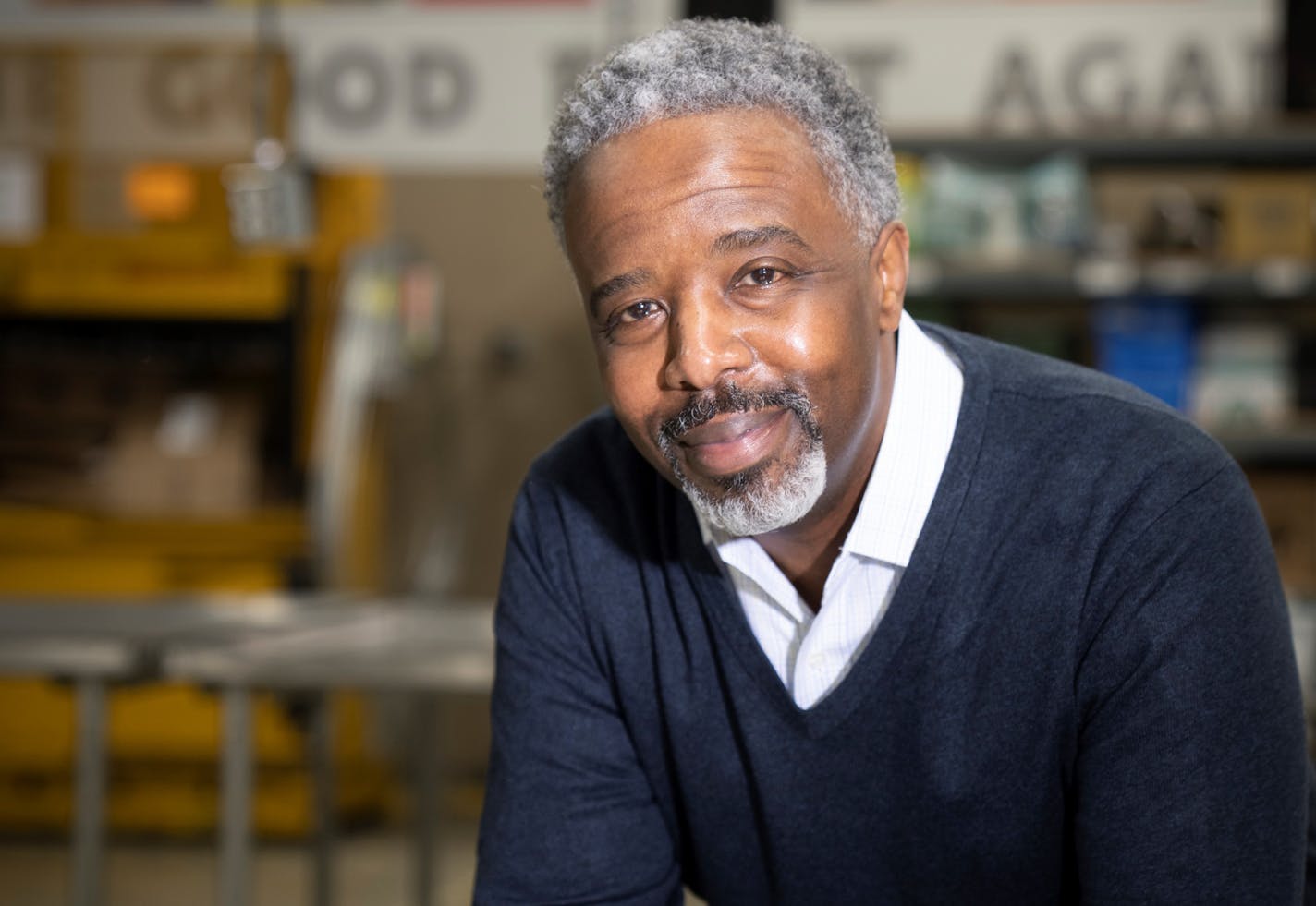 David Peeples, director of programs at The Food Group Minnesota, posed for a photo in the volunteer station in the warehouse on Wednesday, March 9, 2022 in New Hope, Minn. ] RENEE JONES SCHNEIDER • renee.jones@startribune.com