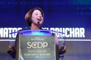 Minnesota Sen. Amy Klobuchar addresses the South Carolina Democratic Party's convention on Saturday, June 22, 2019, in Columbia, S.C.