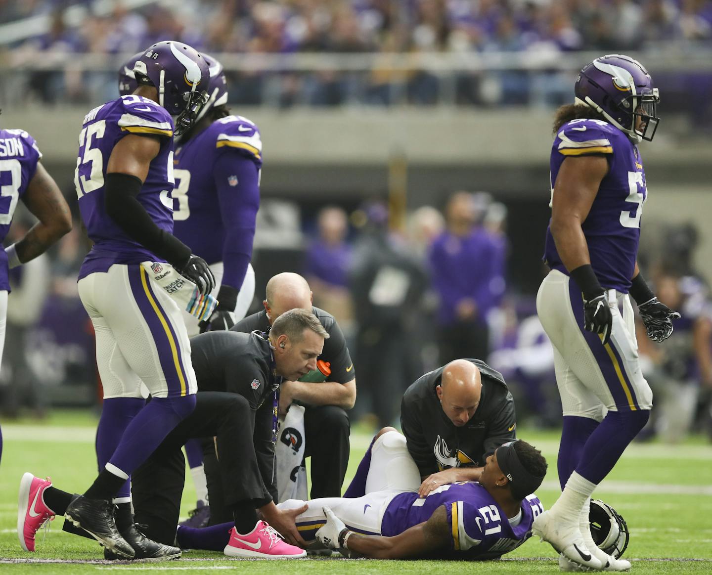 Minnesota Vikings cornerback Mike Hughes (21) was attended to after he reportedly tore his left ACL in the fourth quarter. ] JEFF WHEELER &#xef; jeff.wheeler@startribune.com The Minnesota Vikings defeated the Arizona Cardinals 27-17 in an NFL football game Sunday afternoon, October 14, 2018 at U.S. Bank Stadium in Minneapolis.