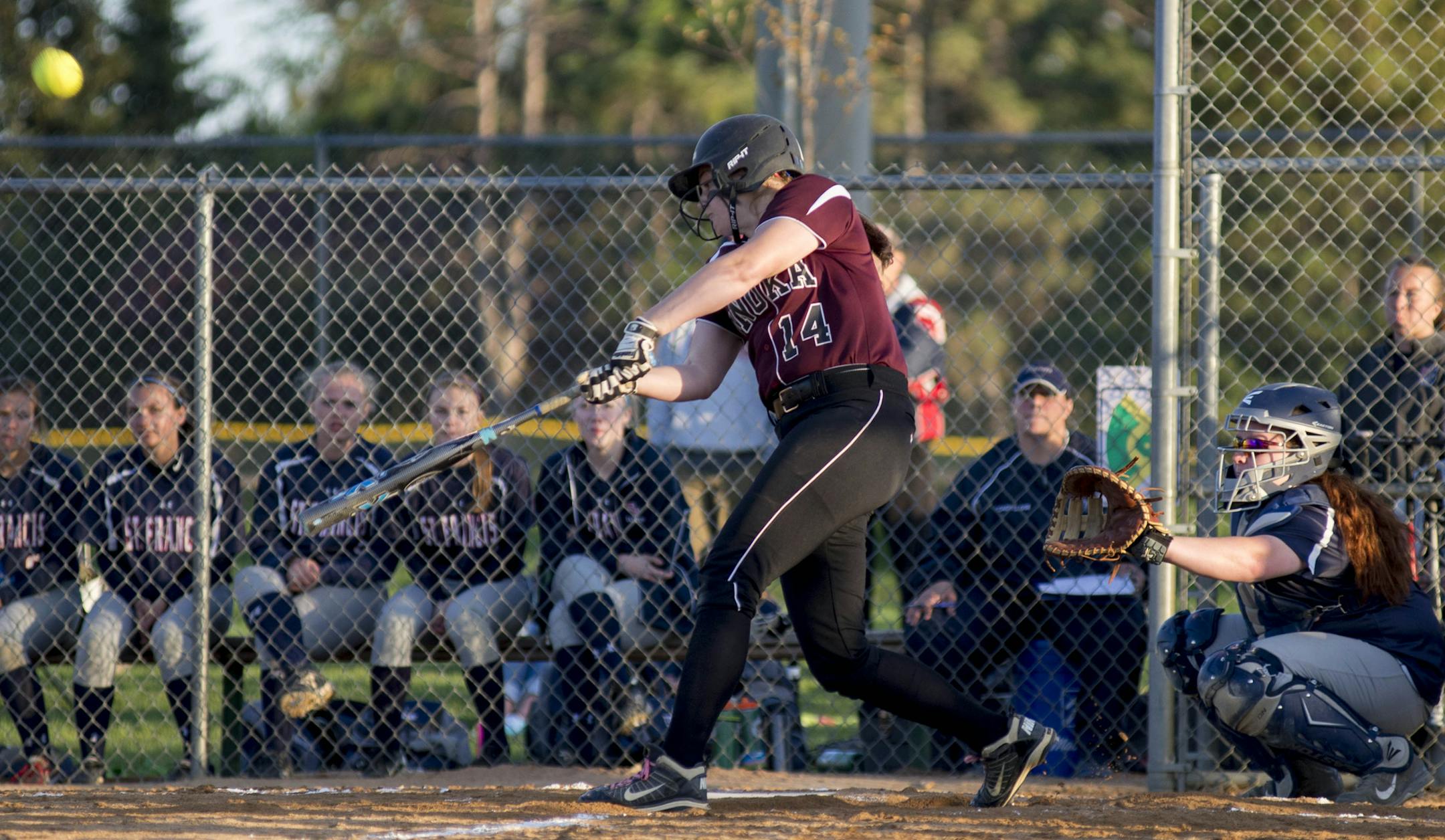 Anoka junior Morgan Paaverud hits the ball. ] BRIDGET BENNETT SPECIAL TO THE STAR TRIBUNE • bridget.bennett@startibune.com Anoka took on St. Francis at Central Park in Ramsey, MN. Anoka won 5-1.