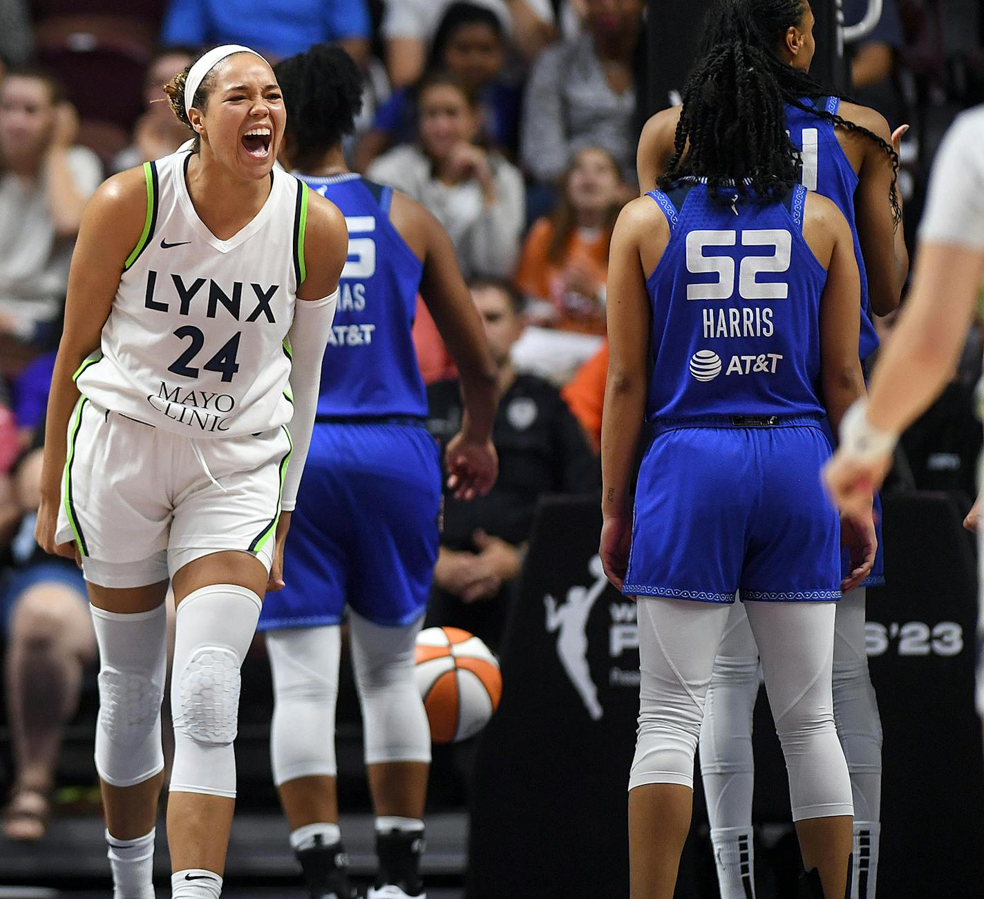 Minnesota Lynx's Napheesa Collier (24) reacts to a basket during a WNBA basketball game against the Connecticut Sun, Sunday, Sept. 17, 2023, at Mohegan Sun Arena in Uncasville, Conn. (Sarah Gordon/The Day via AP)