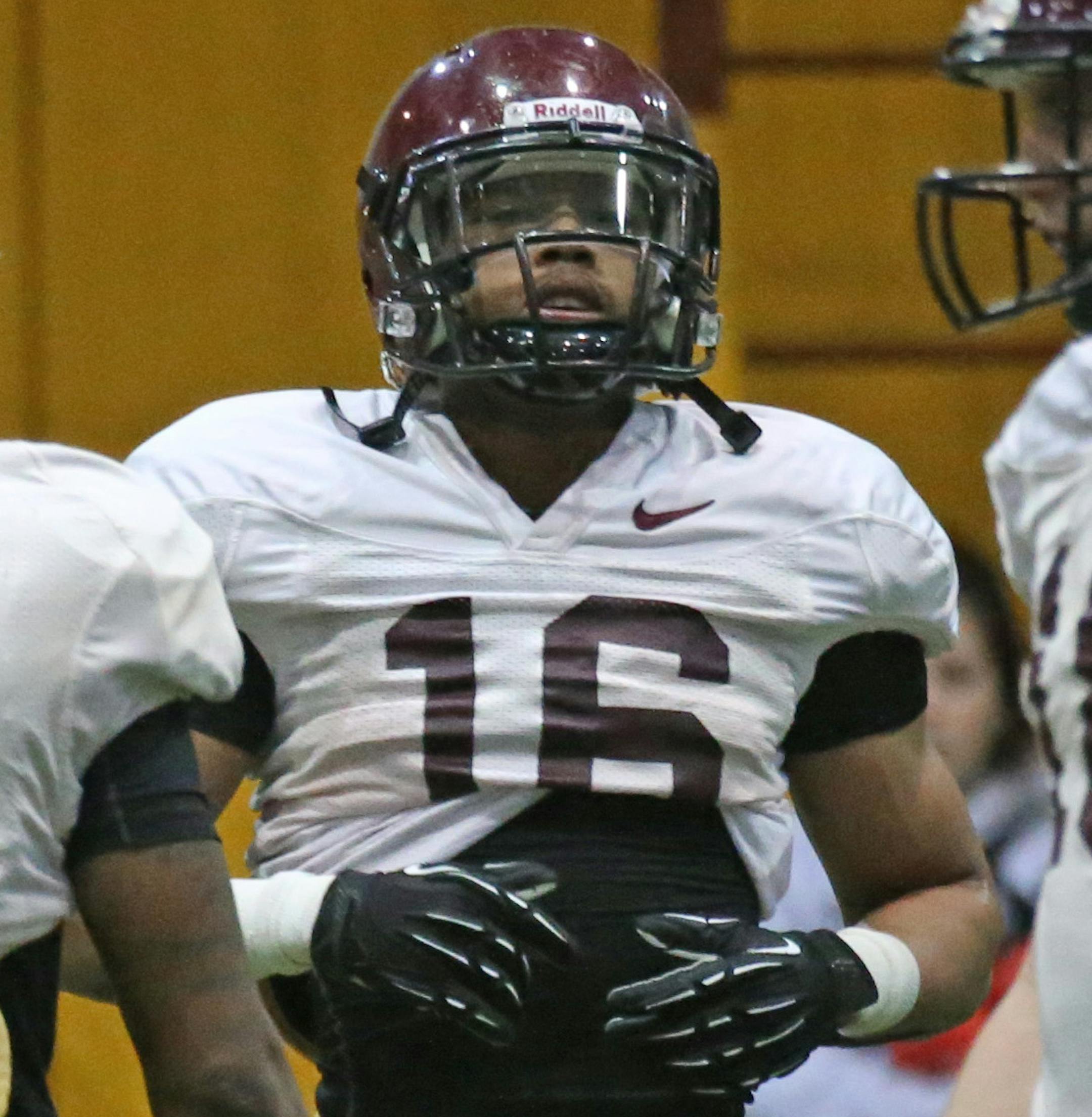 (center) University of Minnesota Football Wide Receiver Jamel Harbison ran drills during indoor practice on 4/6/13.] Bruce Bisping/Star Tribune bbisping@startribune.com Jamel Harbison/roster.