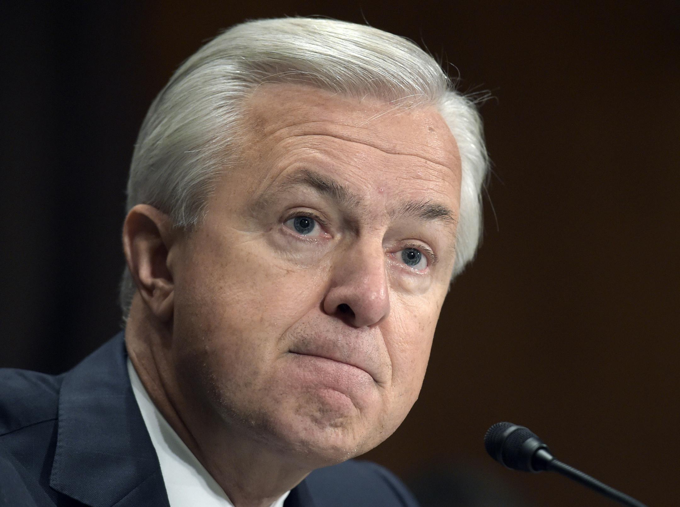 In this Tuesday, Sept. 20, 2016, file photo, Wells Fargo CEO John Stumpf testifies on Capitol Hill in Washington, before the Senate Banking Committee.