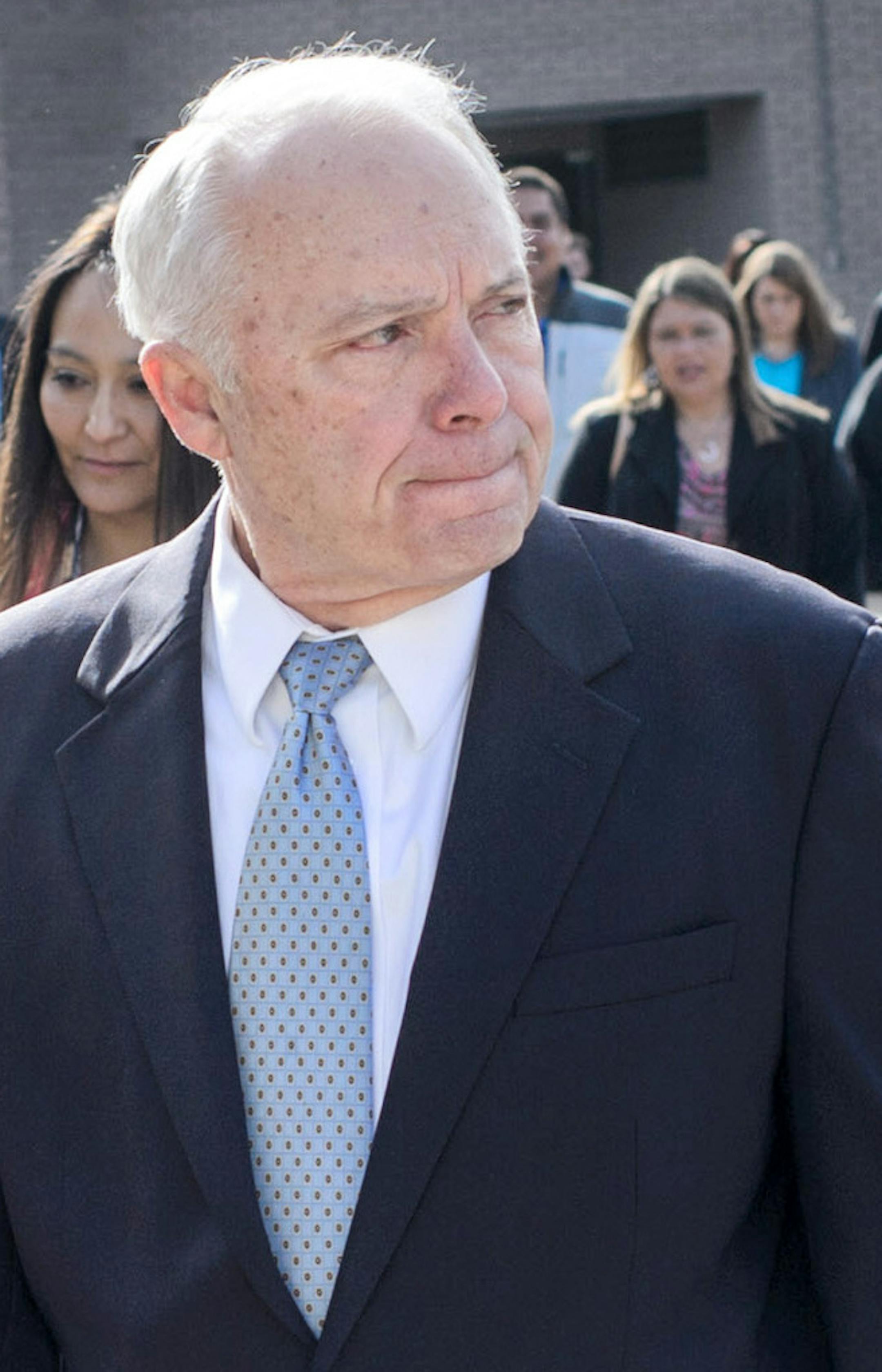 School custodian Ben Bowstring, left, walked Rep. Rick Nolan and Rep. John Kline through an area from one school building to a trailer used as a classroom that student have to travel throughout the day even in below zero temperatures. ] GLEN STUBBE * gstubbe@startribune.com Wednesday, April 8, 2015 Rep. John Kline and Rep. Rick Nolan visited the Bug-O-Nay-Ge-Shig school run by the Leech Lake Band of Ojibwe to try to drum up support for a federal infusion of needed money into the troubled federal