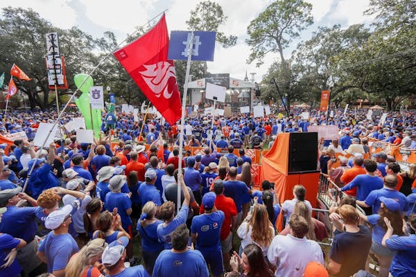 Fans gather for ESPN's College Gameday at the University of Florida on Saturday, Oct. 5, 2019 in Gainesville, Fla.