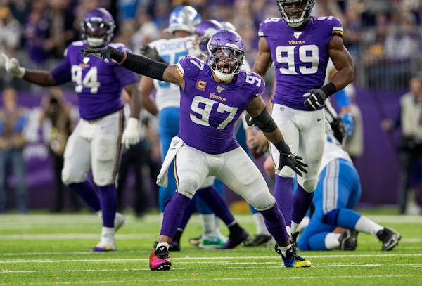 Minnesota Vikings' Everson Griffen (97) celebrated after sacking Detroit Lions quarterback David Blough (10) in the fourth quarter during a game on De
