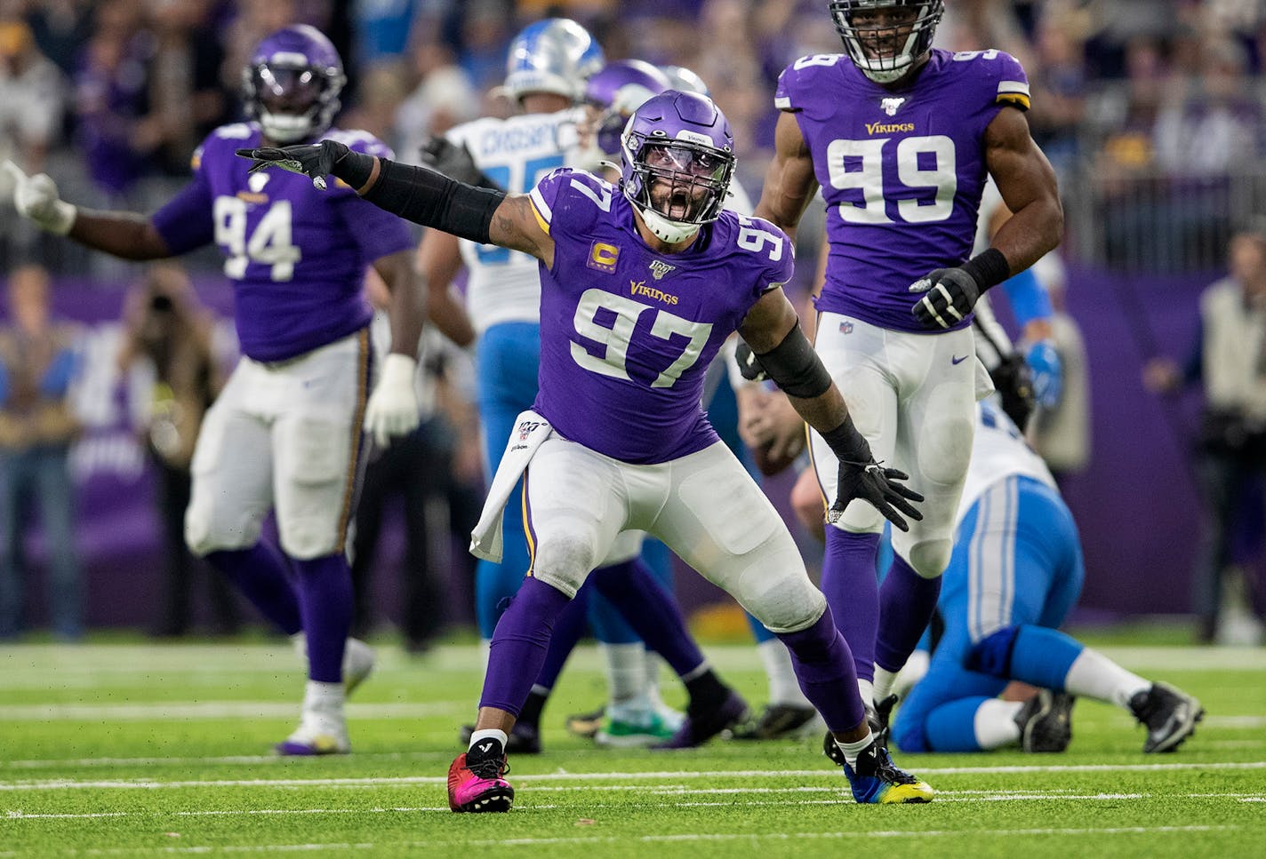 Minnesota Vikings' Everson Griffen (97) celebrated after sacking Detroit Lions quarterback David Blough (10) in the fourth quarter during a game on Dec. 8, 2019 at U.S. Bank Stadium in Minneapolis, MN. (Carlos Gonzalez/Minneapolis Star Tribune/TNS) ORG XMIT: 1509939