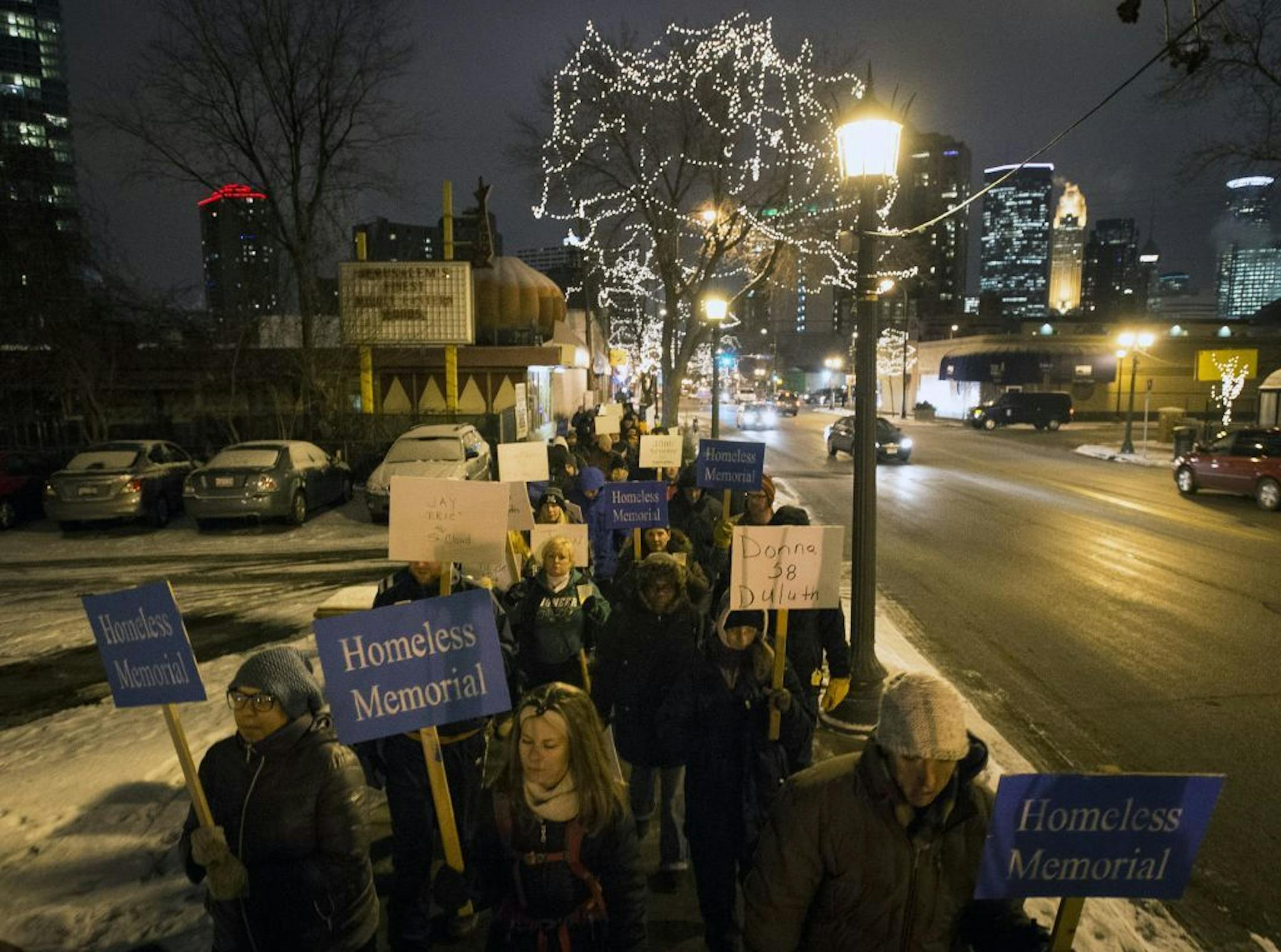 Hundreds of demonstrators make their way toward Simpson United Methodist Church from downtown Minneapolis during the 30th Annual Minnesota Homeless Memorial March and Service Thursday night.