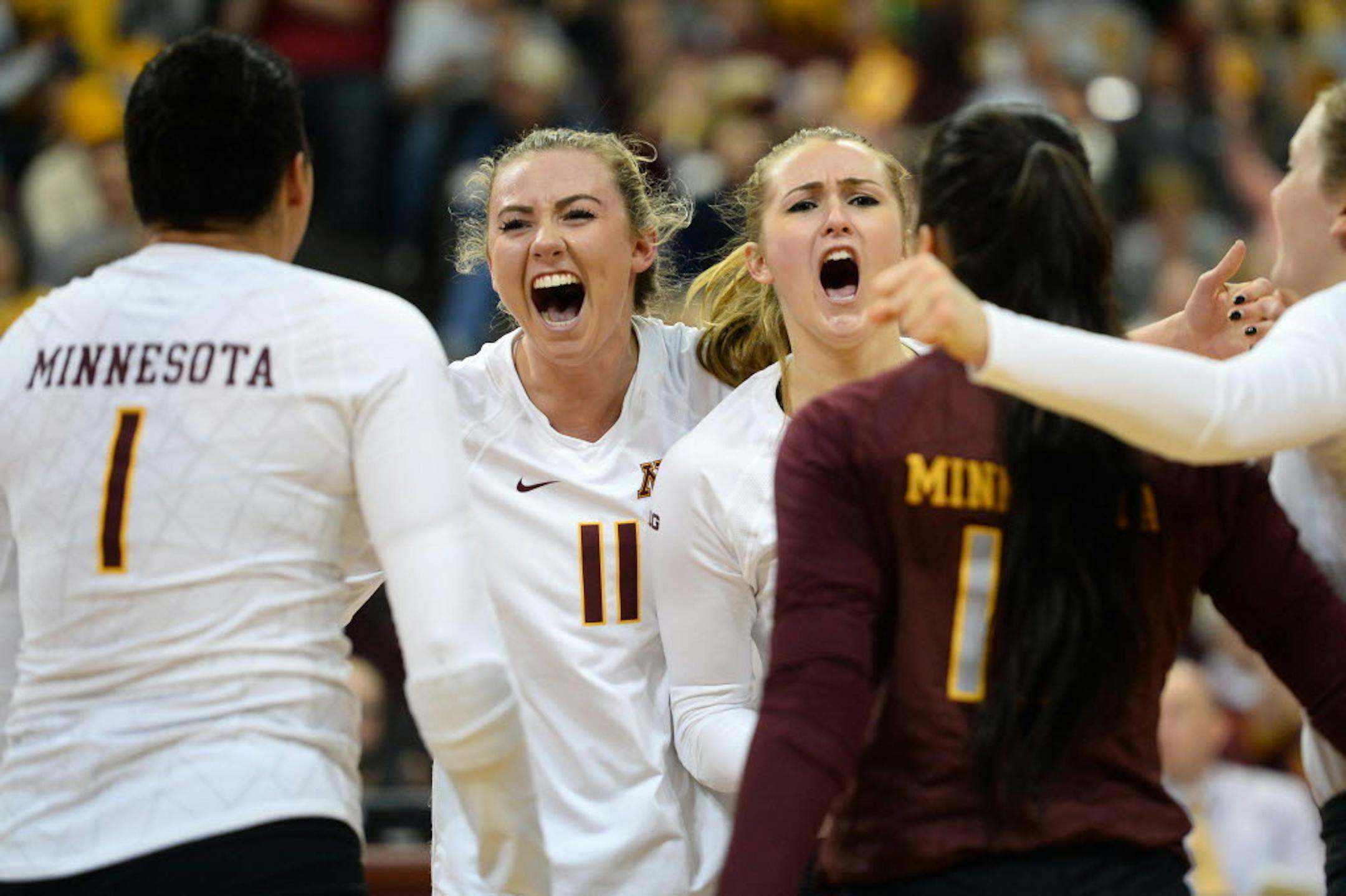 Minnesota setter Samantha Seliger Swenson (11) and outside hitter Alyssa Goehner (5), right of center, celebrated with teammates after their team scored against Indiana in October.