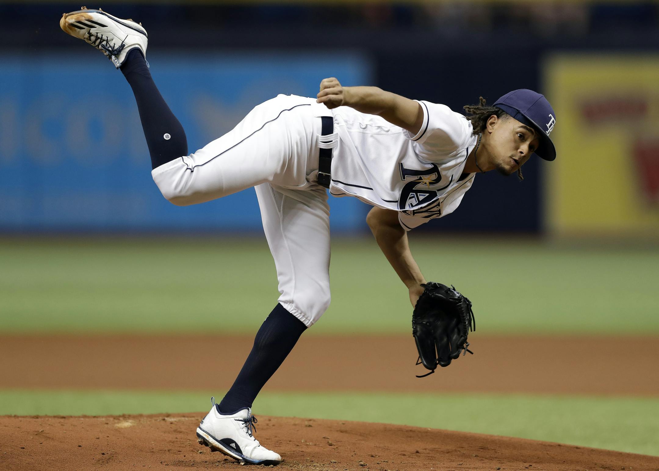 Tampa Bay Rays' Chris Archer follows through on a pitch to the Toronto Blue Jays during the first inning of a baseball game Tuesday, Aug. 22, 2017, in St. Petersburg, Fla. (AP Photo/Chris O'Meara) ORG XMIT: SPD109