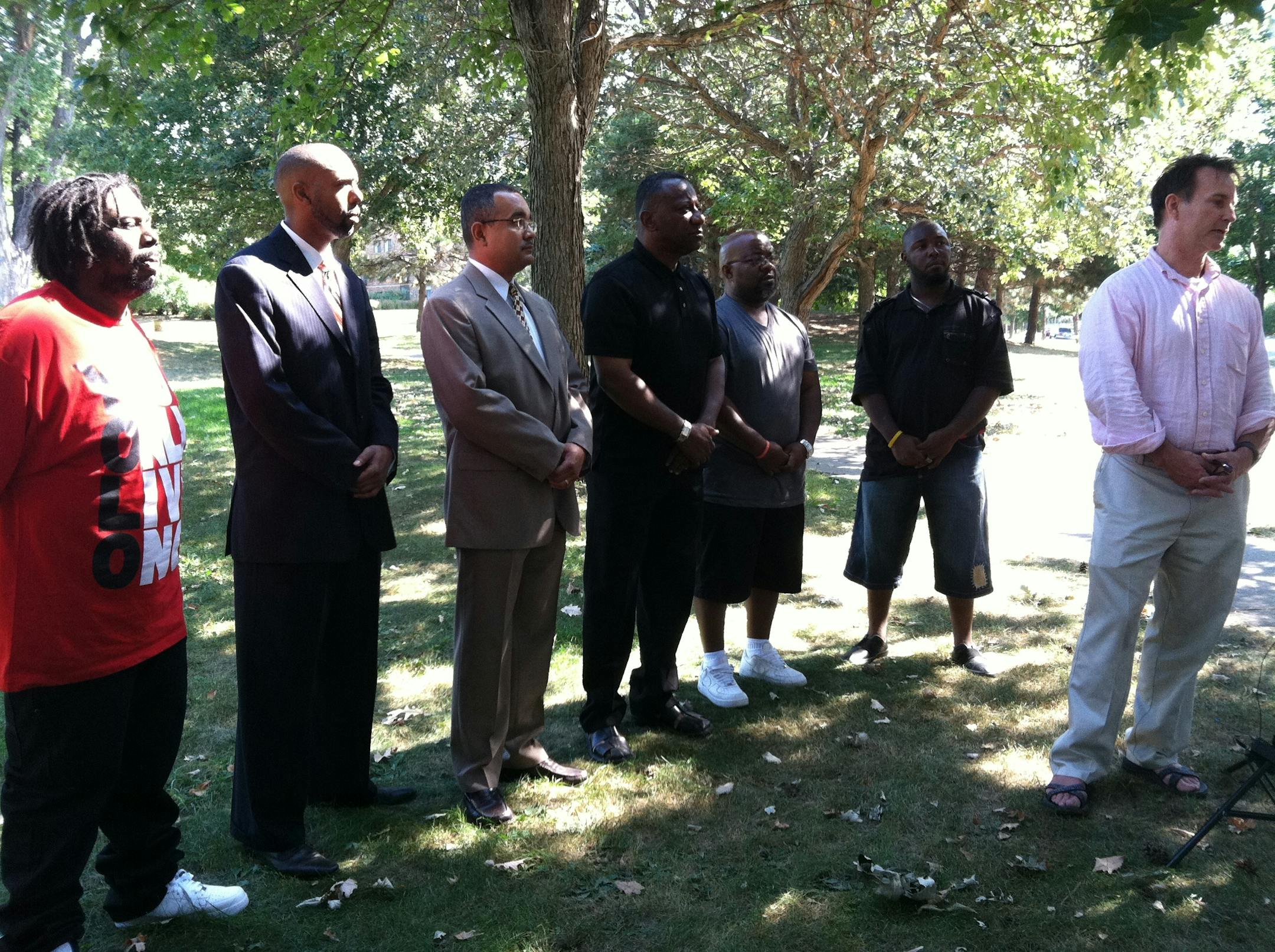 Present at Saturday's NAACP news conference were, from left to right, Eric Hightower, the victim in the police-beating video; the Rev. Melvin Miller; St. Paul NAACP President Jeffry Martin; African American Leadership Council chair Tyrone Terrill; the Rev. Darryl Spence, Bishop Kemp and Hightower's attorney, Seamus Mahoney.
