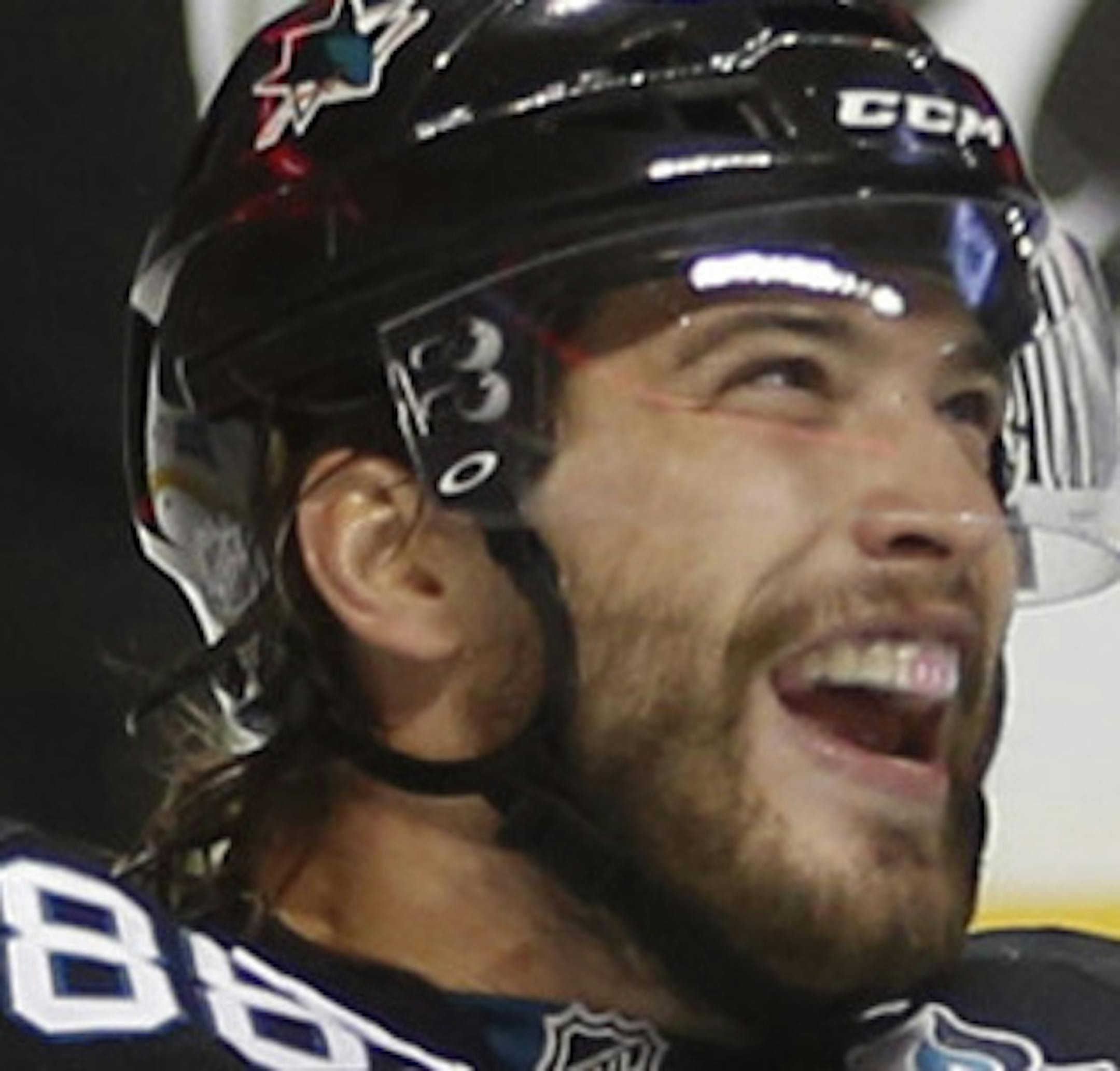 The San Jose Sharks' Brent Burns (88) celebrates his goal against Los Angeles Kings goaltender Jonathan Quick (32) in the first period at HP Pavilion in San Jose, California, on Thursday, March 14, 2013. (Josie Lepe/San Jose Mercury News/MCT) ORG XMIT: 1136184 ORG XMIT: MIN1303142350430517