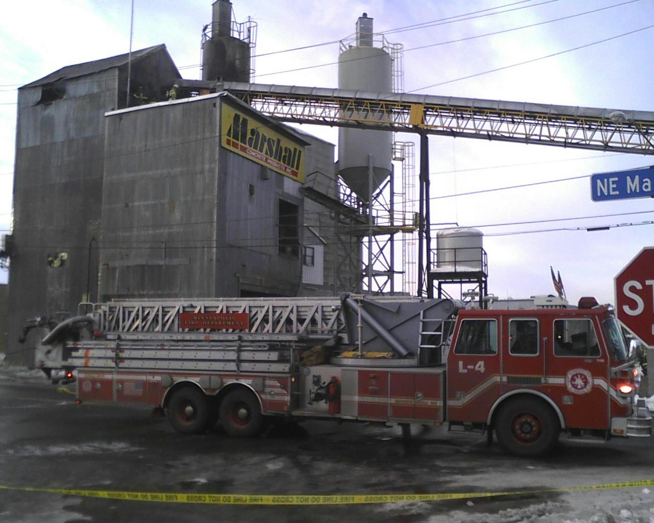 Fire trucks were on the scene of a fire at a concrete plant in northeast Minneapolis Friday morning.