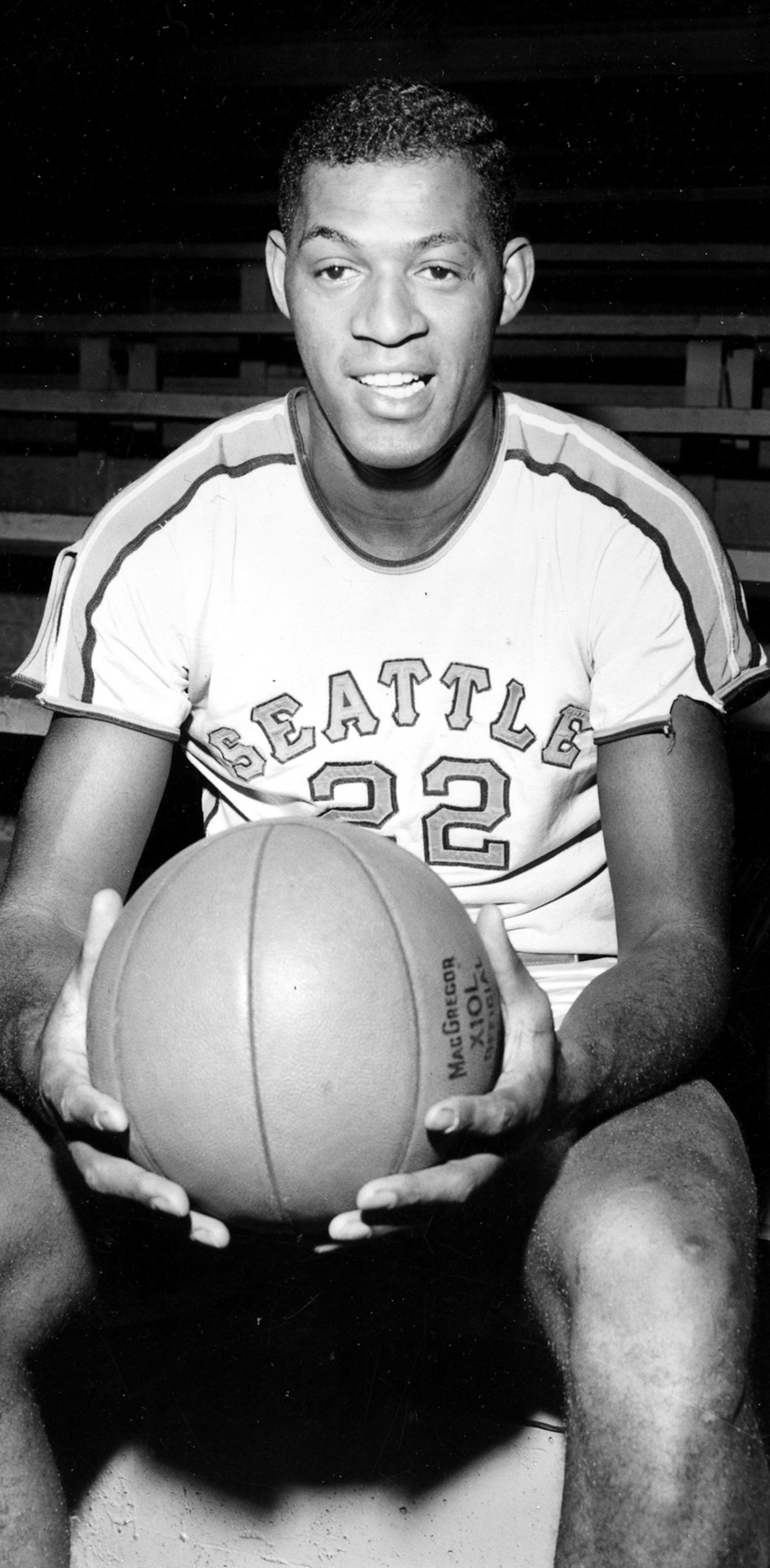 Elgin Baylor, 6-foot-five center for Seattle University, with an average of 34.4 scoring points per game, is seen in this February 14, 1958 photo, in Seattle, Wash. (AP Photo)