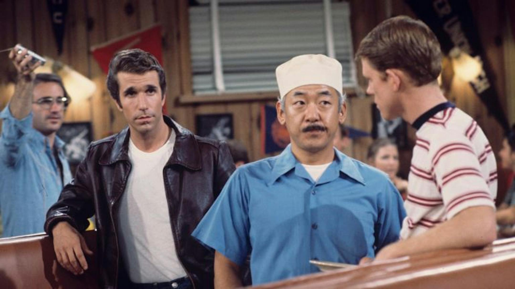 Henry Winkler, Pat Morita, Ron Howard on "Happy Days."