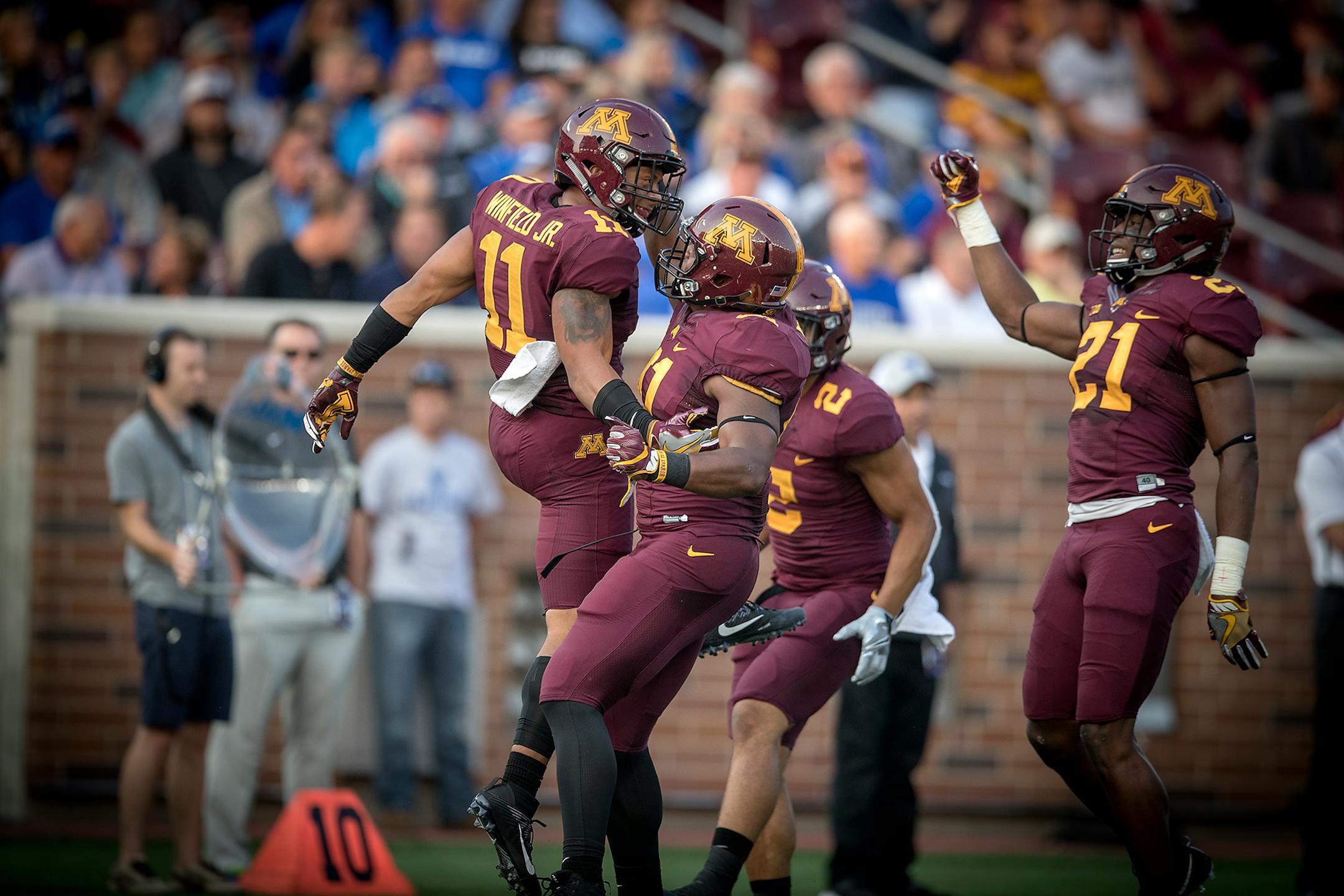 Gophers defensive back Antoine Winfield Jr. celebrated a tackle in the first quarter against Buffalo last Thursday. He had seven tackles, two pass breakups, a sack and a blocked field goal in a 17-7 victory.
