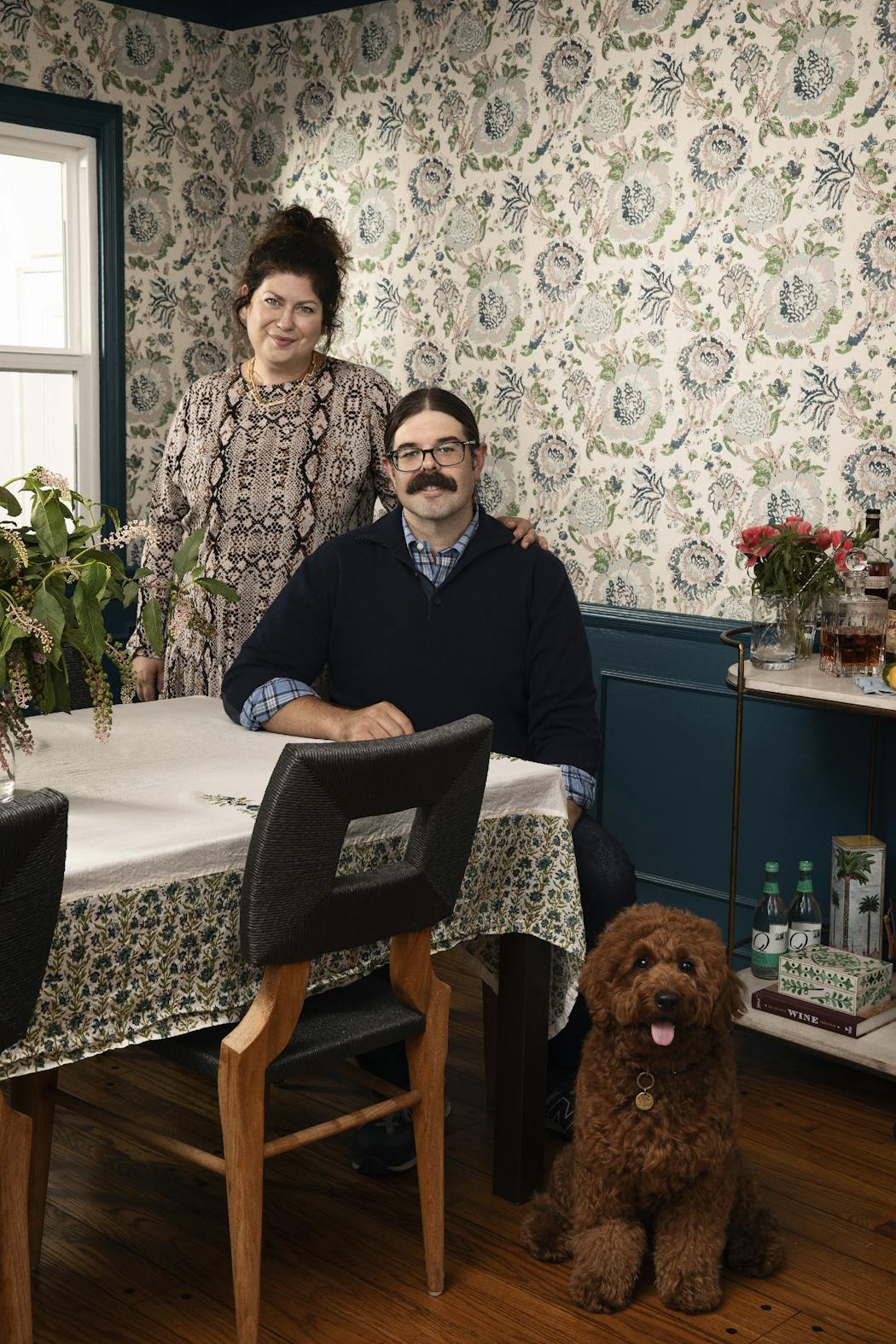 Orli Ben-Dor and Cameron Mahlstede (with their dog, Desmond) like to entertain guests and redecorated the dining room in their rented home in Los Angeles. 