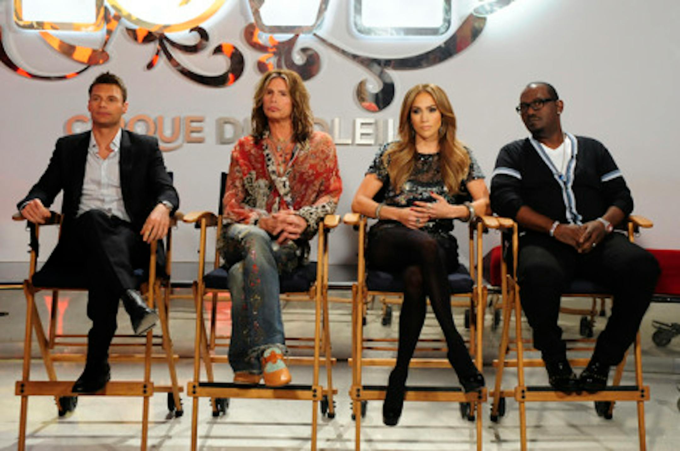 AMERICAN IDOL: L-R: Ryan Seacrest, Steven Tyler, Jennifer Lopez and Randy Jackson answer questions at the AMERICAN IDOL press conference on the IDOL set in Las vegas  on Tuesday, Dec, 14 2010. CR: Ray Mickshaw / FOX.