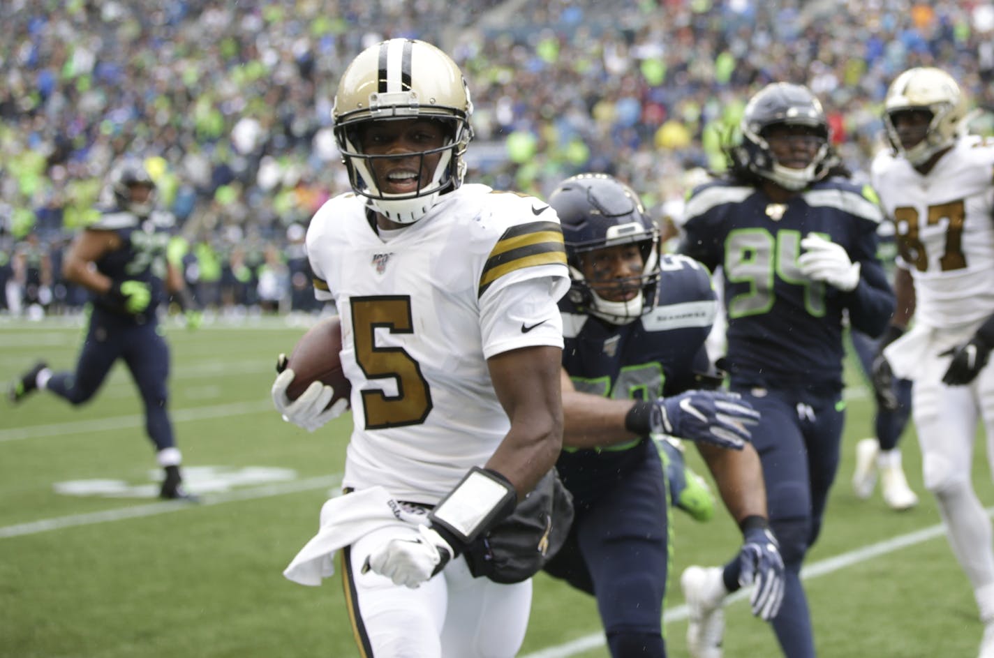 New Orleans Saints quarterback Teddy Bridgewater in action against the Seattle Seahawks during the second half of an NFL football game, Sunday, Sept. 22, 2019, in Seattle. (AP Photo/Scott Eklund) ORG XMIT: OTK