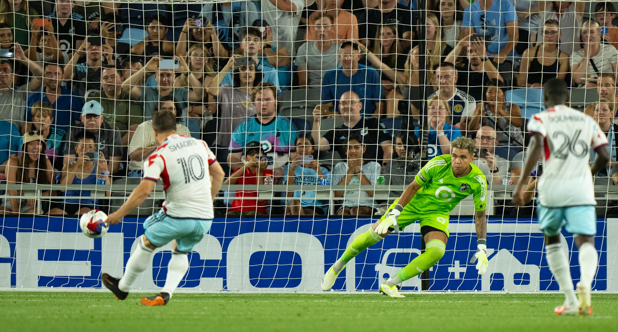 Minnesota United goalkeeper Dayne St. Clair (97) went to his right and Chicago Fire midfielder Xherdan Shaqiri (10) shot a penalty kick to the left to tie score at 1-1 in the second half. The Minnesota United FC lost 3-2 to the Chicago Fire FC in a Leagues Cup 2023 match Thursday night, July 27, 2023 at Allianz Field in St. Paul.
