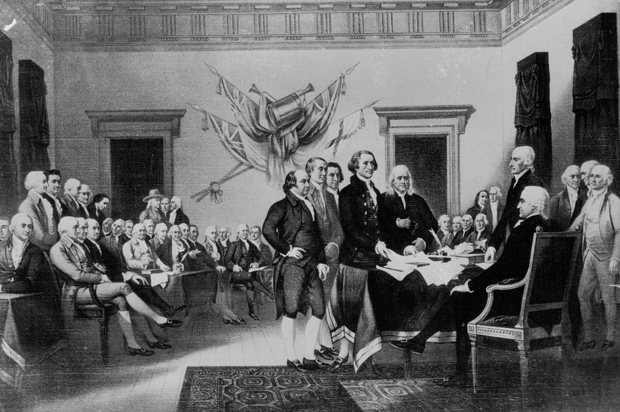 February 20, 1944 The Signers.... The signing of the Declaration of Independence, authored by Thomas Jefferson and slightly amended by John Adams and Benjamin Franklin, on July 4, 1776, is depicted in this painting. ***** The signing of the declaration -- Plenty of sons of the old sod were on hand Signing the Declaration of Independence -- adopted by Continental Congress International News Photo June 28, 1963 July 4, 1966