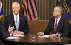 Republican U.S. Sen. Ron Johnson, left, and Democrat Russ Feingold, right, meet in their second and final debate Tuesday, Oct. 18, 2017 in Milwaukee, 