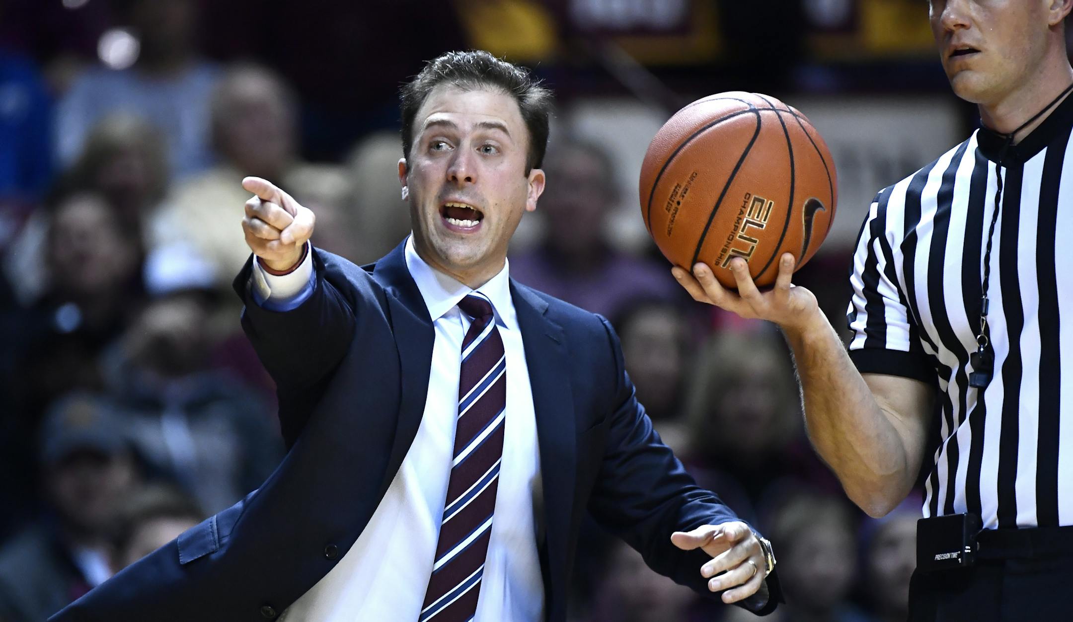 Minnesota Golden Gophers head coach Richard Pitino argued with an official after a non-shooting foul was called on Amir Coffey in the first half against the Arkansas Razorbacks. ] (AARON LAVINSKY/STAR TRIBUNE) aaron.lavinsky@startribune.com The University of Minnesota men's basketball team played Arkansas on Tuesday, Nov. 22, 2016 at Williams Arena in Minneapolis, Minn.
