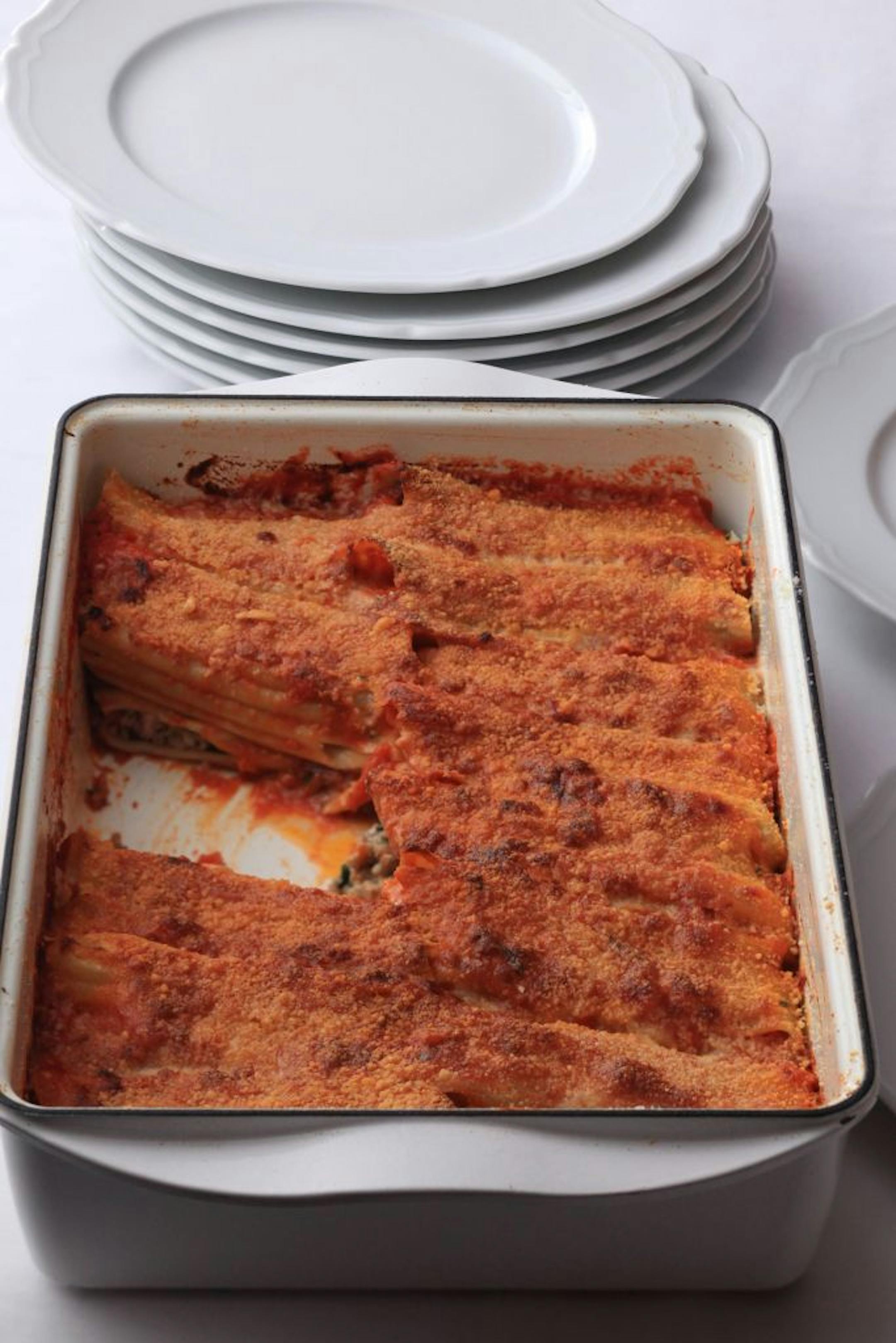 When making a baked pasta, such as this Manicotti Baresi al Forno, it is important to undercook the pasta in water so that it will finish cooking to the right point in the baking process.